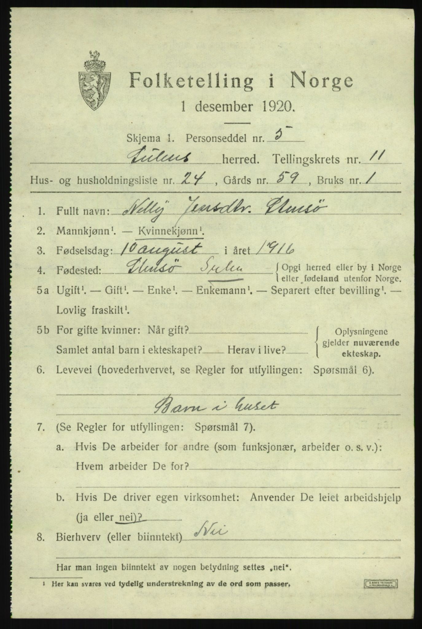 SAB, 1920 census for Solund, 1920, p. 4076