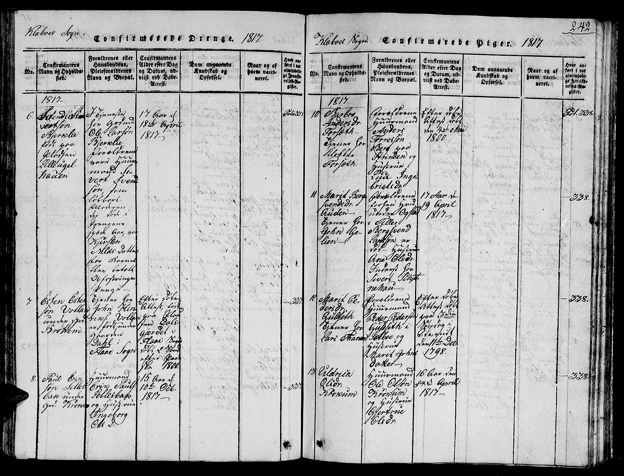 Ministerialprotokoller, klokkerbøker og fødselsregistre - Sør-Trøndelag, AV/SAT-A-1456/618/L0450: Parish register (copy) no. 618C01, 1816-1865, p. 242