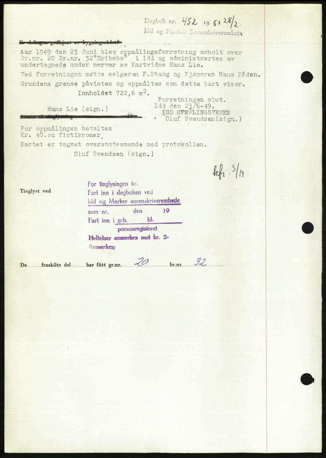 Idd og Marker sorenskriveri, AV/SAO-A-10283/G/Gb/Gbb/L0014: Mortgage book no. A14, 1950-1950, Diary no: : 452/1950