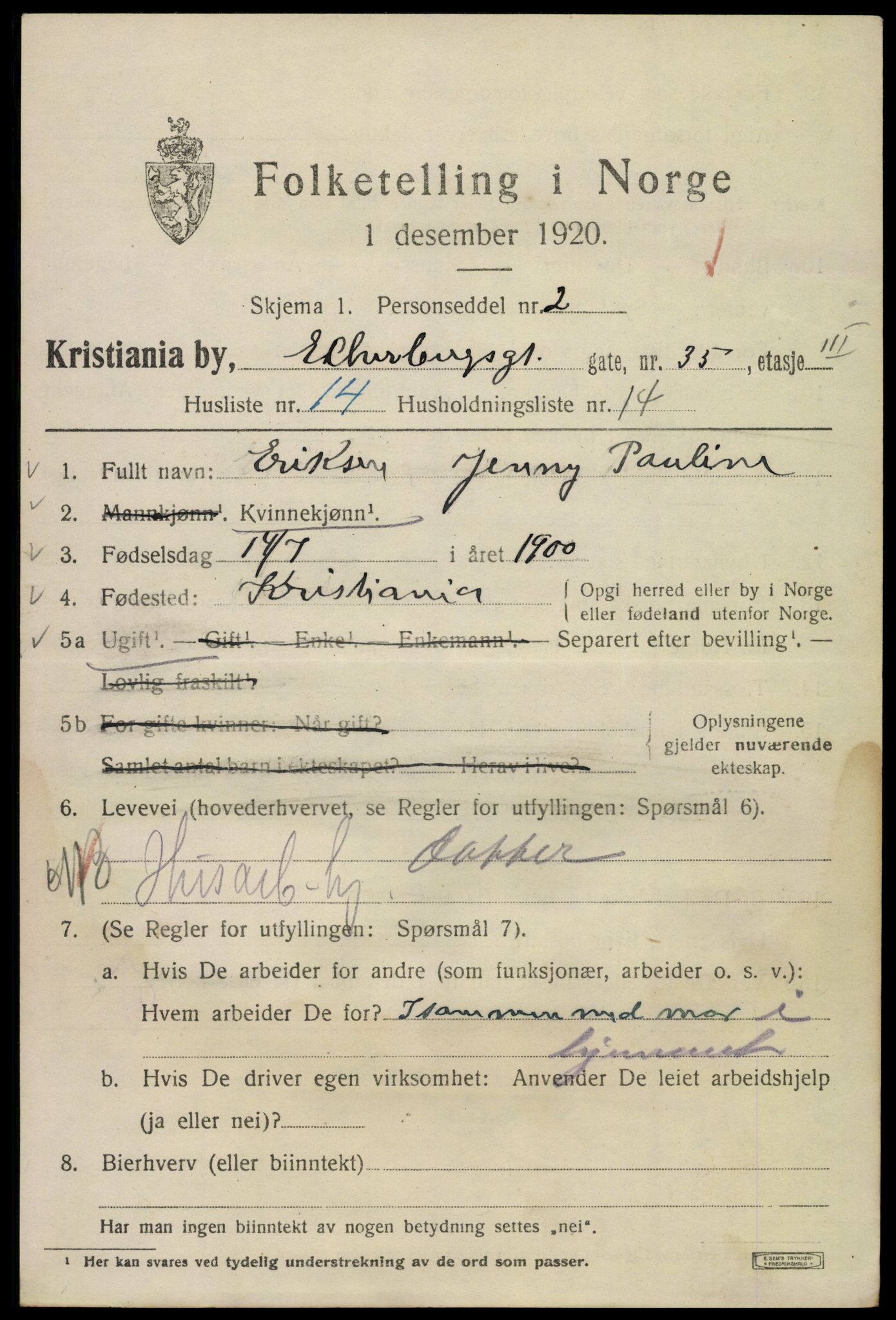 SAO, 1920 census for Kristiania, 1920, p. 209071