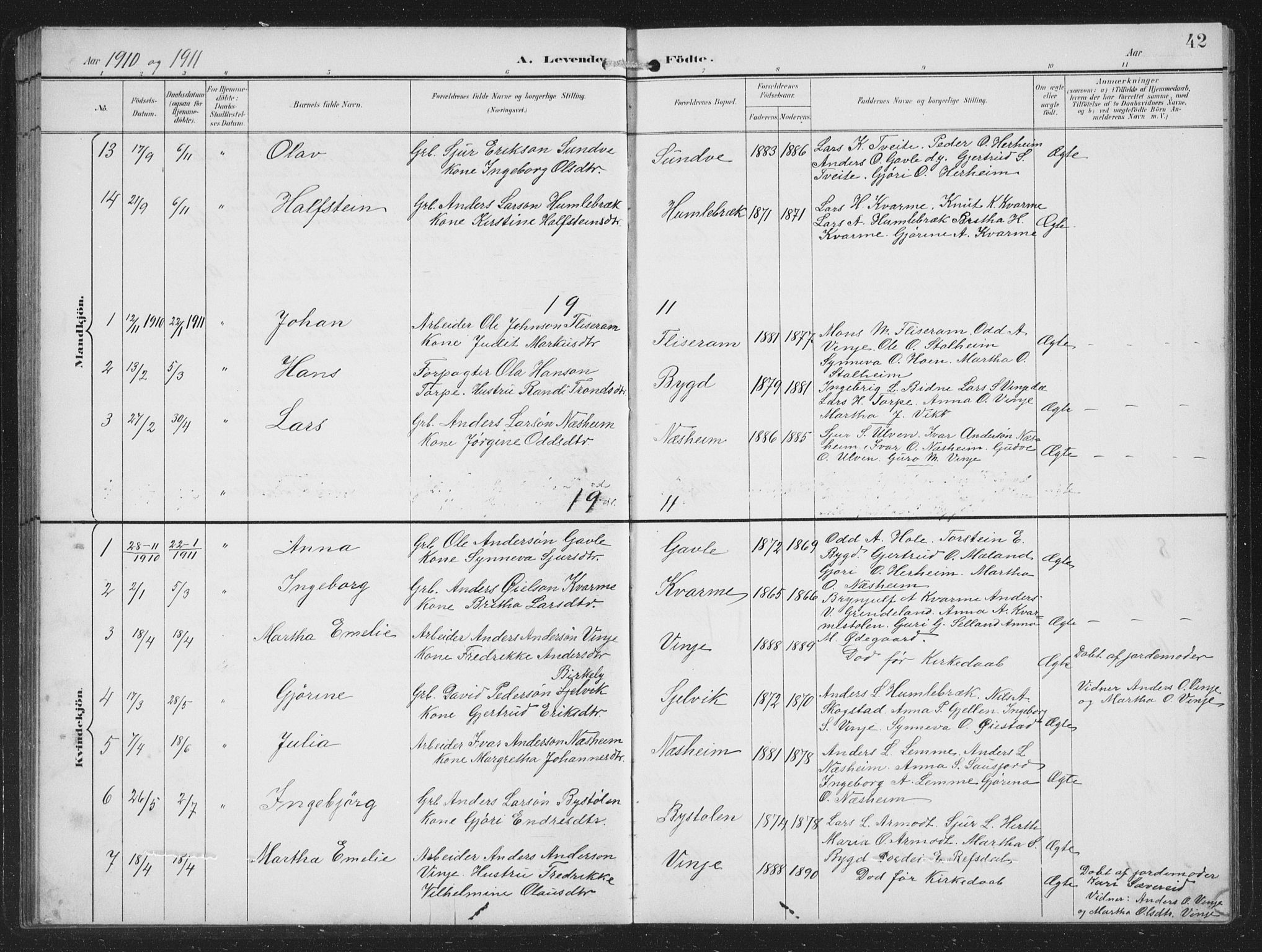Vossestrand Sokneprestembete, SAB/A-79101/H/Hab: Parish register (copy) no. B 4, 1894-1941, p. 42