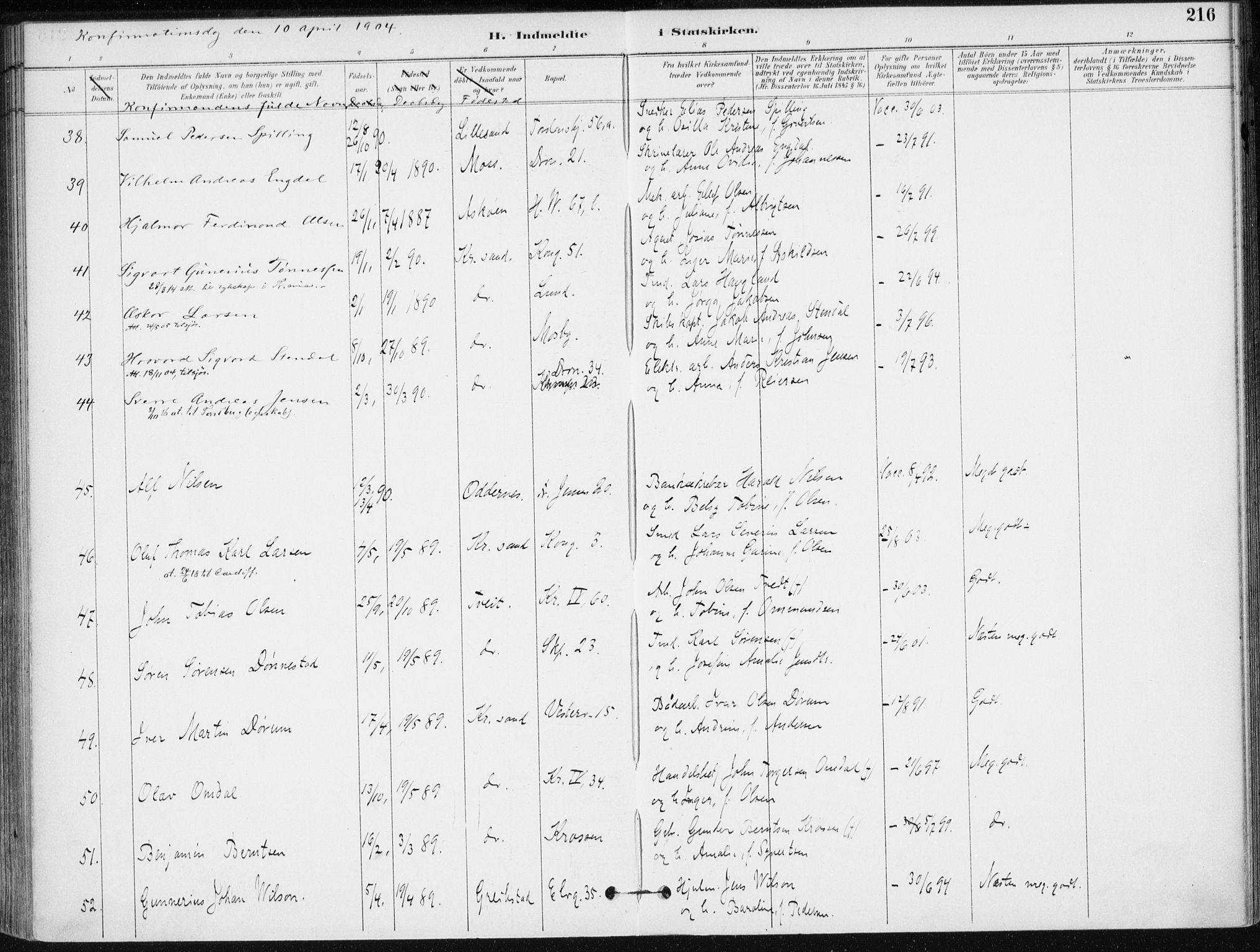 Kristiansand domprosti, AV/SAK-1112-0006/F/Fa/L0020: Parish register (official) no. A 19, 1893-1904, p. 216