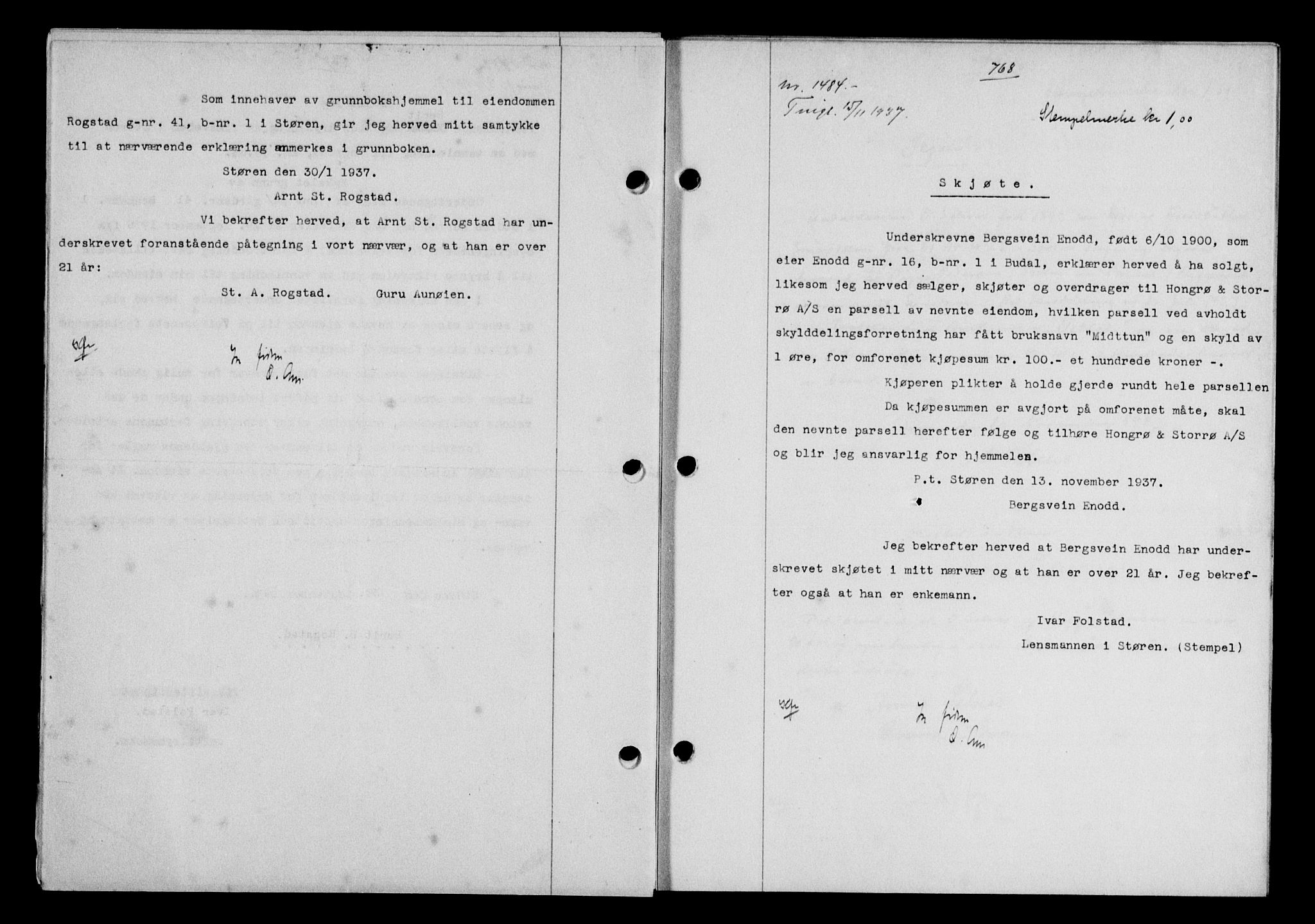 Gauldal sorenskriveri, SAT/A-0014/1/2/2C/L0048: Mortgage book no. 51-52, 1937-1938, p. 768, Diary no: : 1484/1937