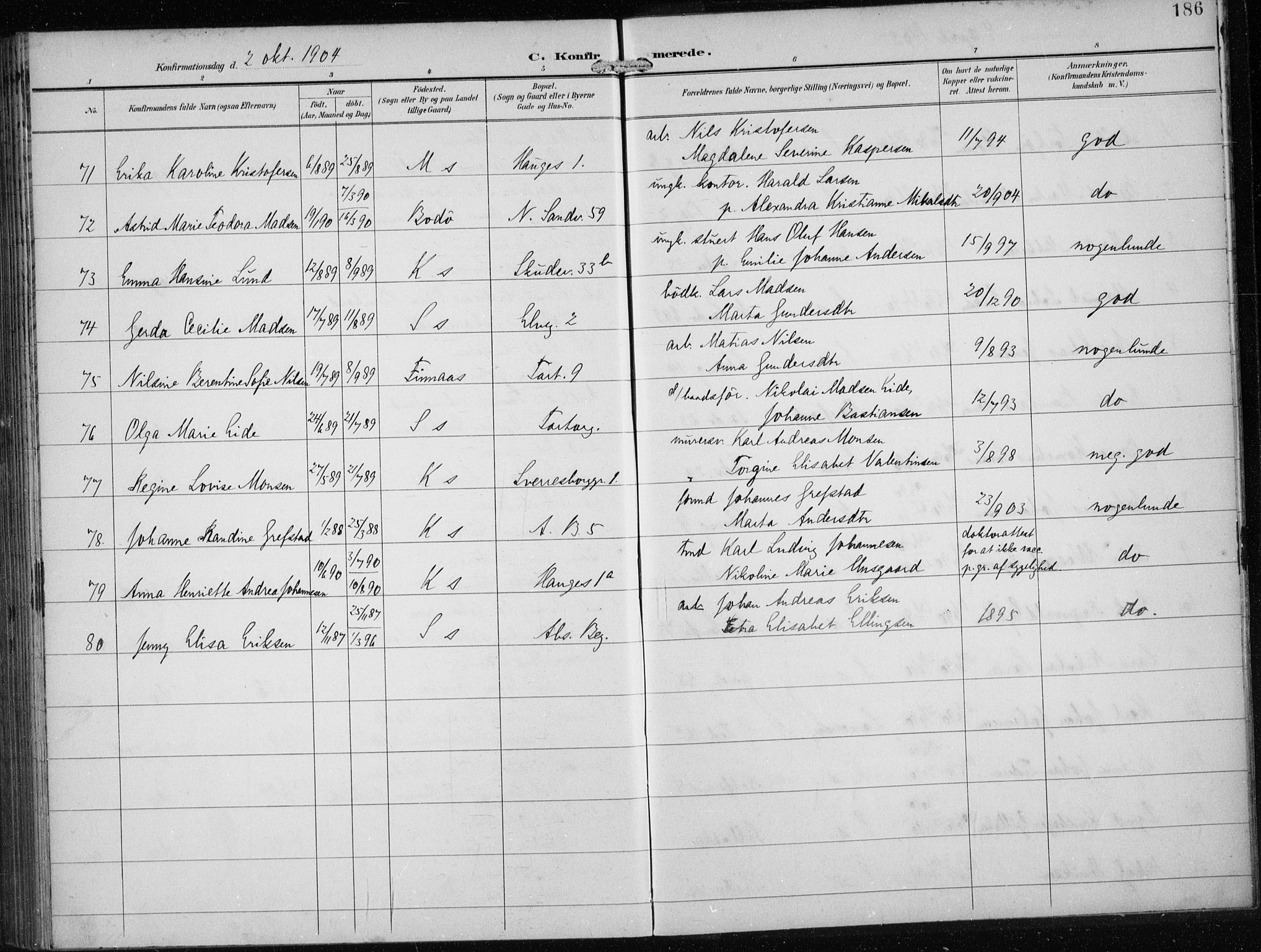 Sandviken Sokneprestembete, AV/SAB-A-77601/H/Ha/L0010: Parish register (official) no. C 1, 1895-1905, p. 186