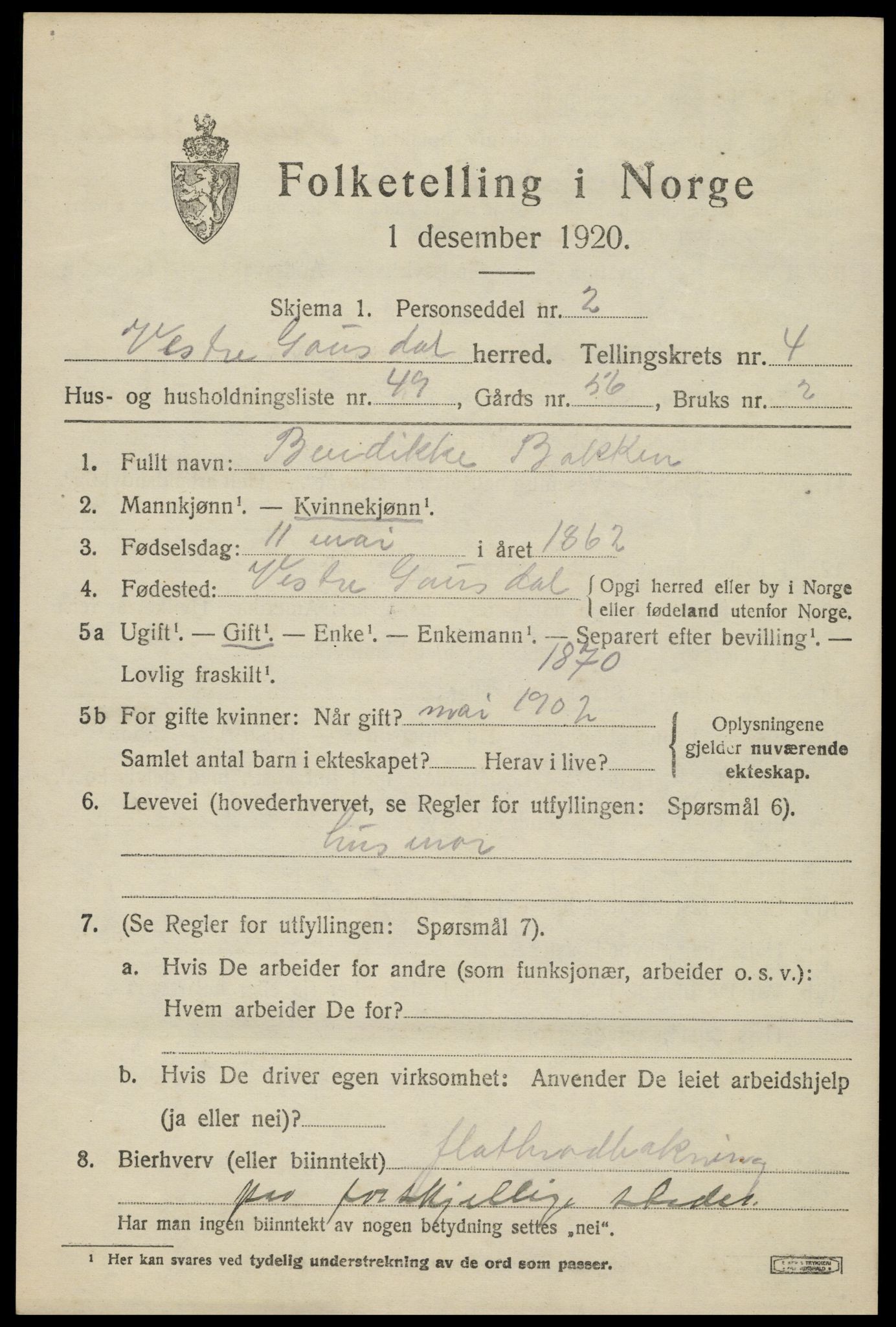 SAH, 1920 census for Vestre Gausdal, 1920, p. 3689