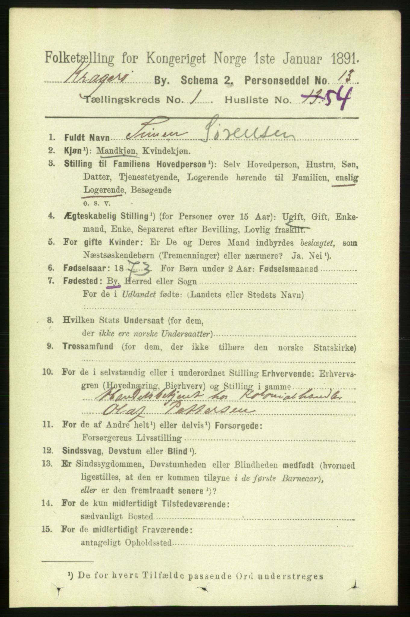 RA, 1891 census for 0801 Kragerø, 1891, p. 2115