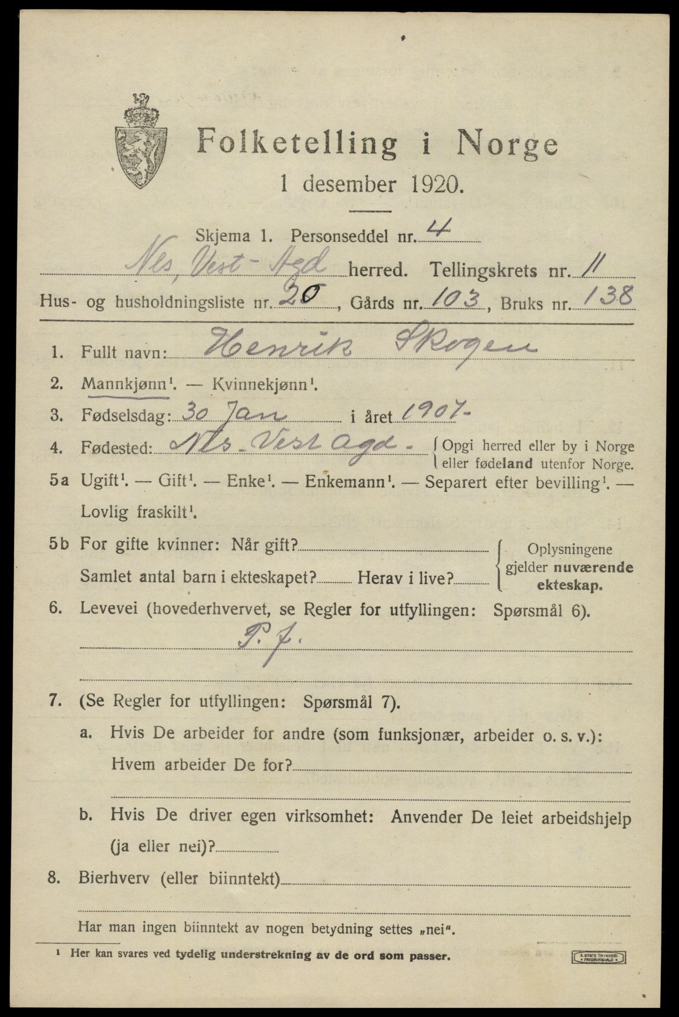 SAK, 1920 census for Nes (V-A), 1920, p. 4226