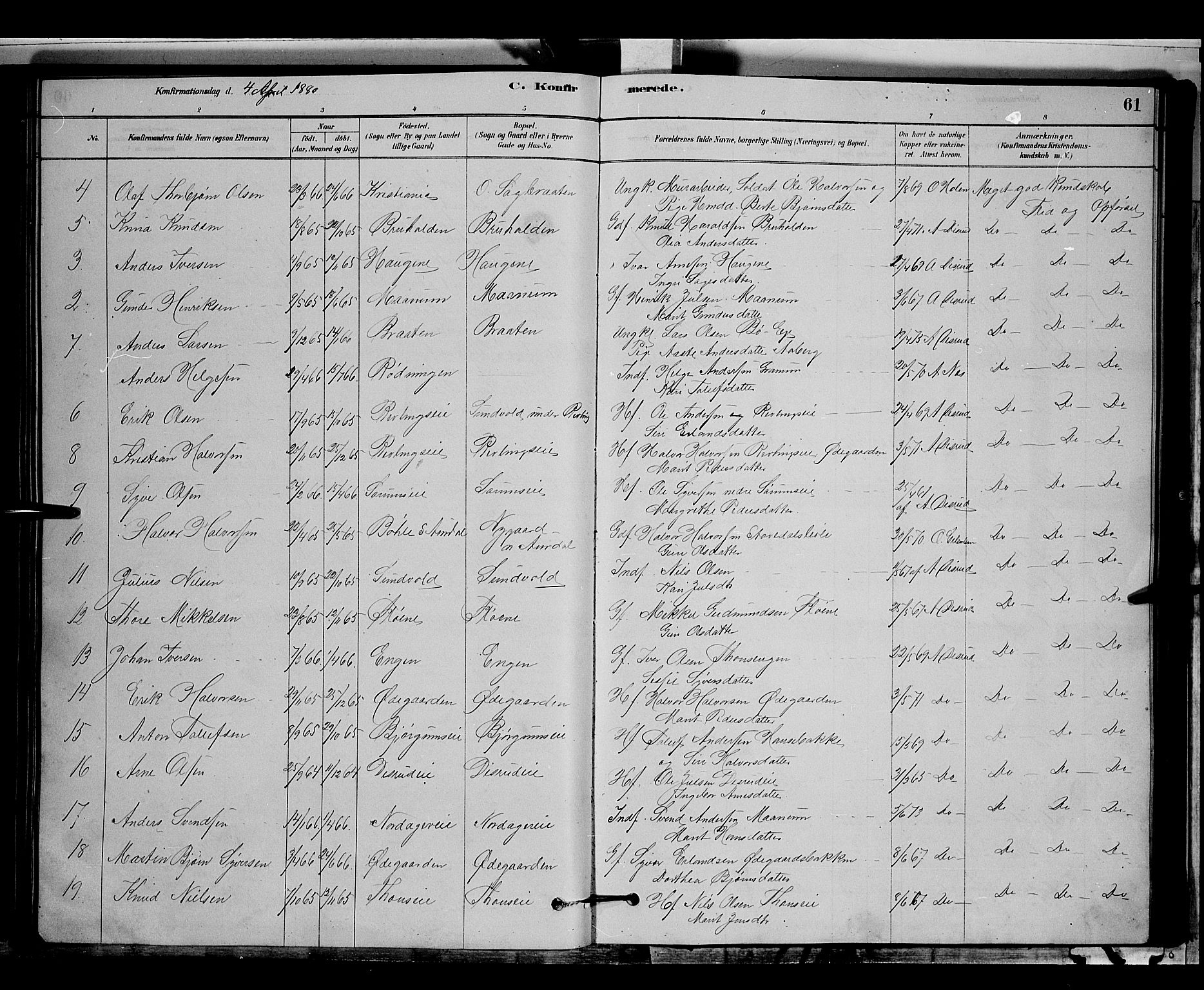 Nord-Aurdal prestekontor, SAH/PREST-132/H/Ha/Hab/L0006: Parish register (copy) no. 6, 1878-1892, p. 61