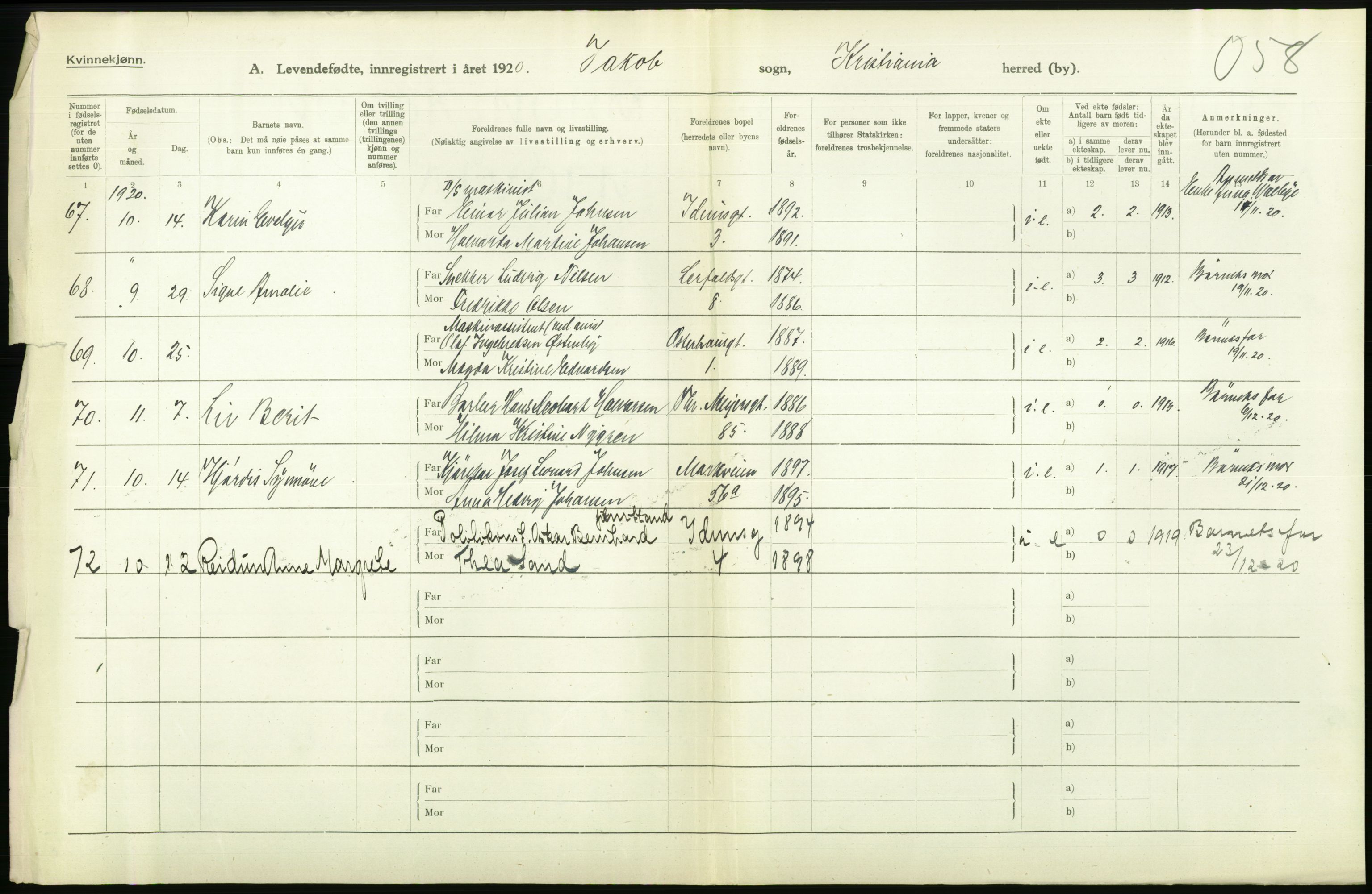 Statistisk sentralbyrå, Sosiodemografiske emner, Befolkning, AV/RA-S-2228/D/Df/Dfb/Dfbj/L0008: Kristiania: Levendefødte menn og kvinner., 1920, p. 524