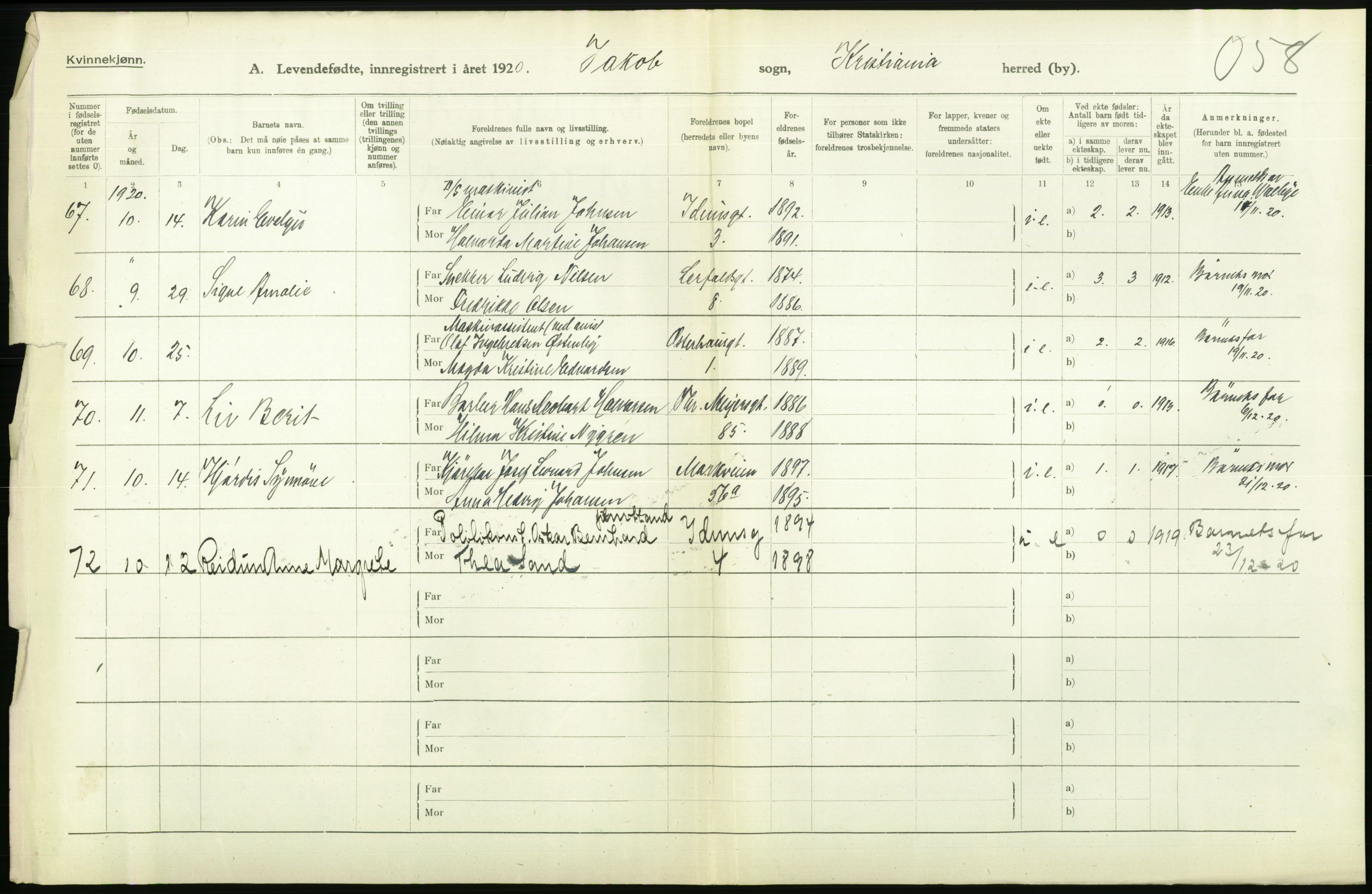 Statistisk sentralbyrå, Sosiodemografiske emner, Befolkning, RA/S-2228/D/Df/Dfb/Dfbj/L0008: Kristiania: Levendefødte menn og kvinner., 1920, p. 524