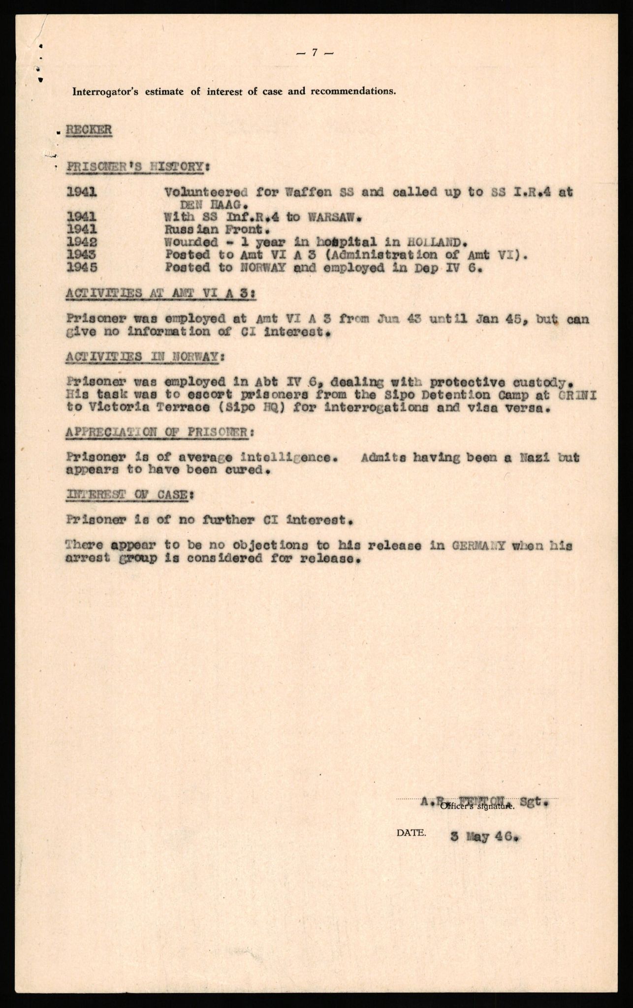 Forsvaret, Forsvarets overkommando II, AV/RA-RAFA-3915/D/Db/L0027: CI Questionaires. Tyske okkupasjonsstyrker i Norge. Tyskere., 1945-1946, p. 87