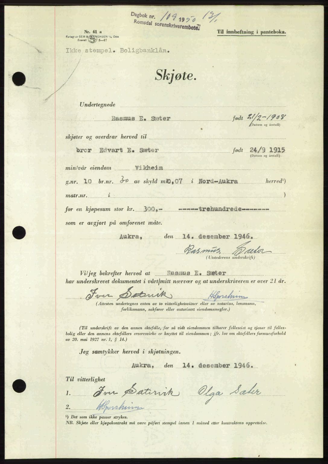 Romsdal sorenskriveri, AV/SAT-A-4149/1/2/2C: Mortgage book no. A32, 1950-1950, Diary no: : 109/1950