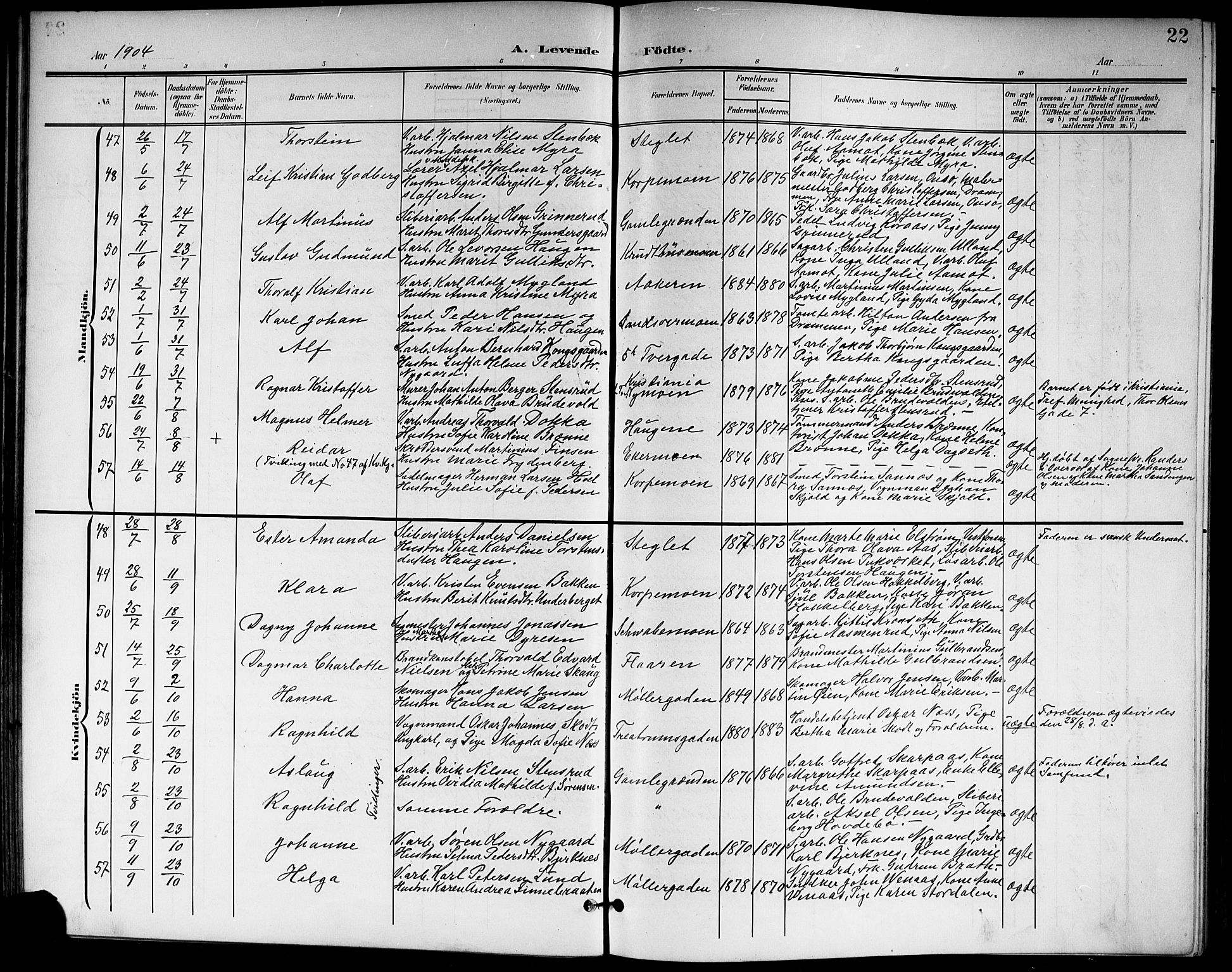 Kongsberg kirkebøker, AV/SAKO-A-22/G/Ga/L0007: Parish register (copy) no. 7, 1901-1915, p. 22
