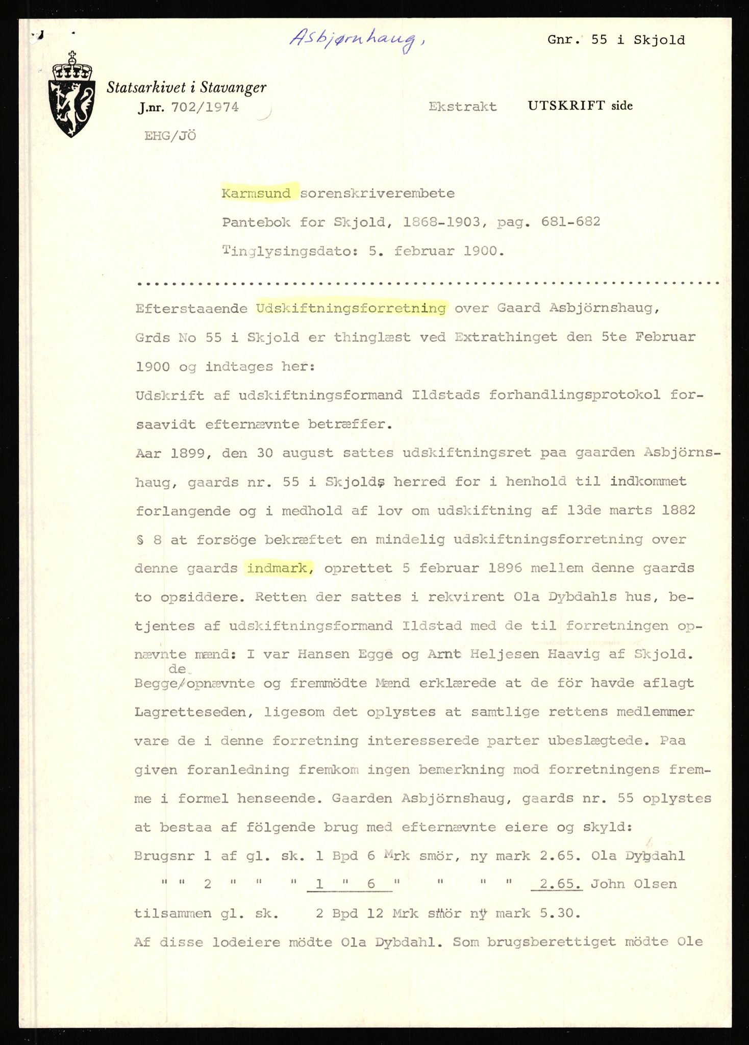 Statsarkivet i Stavanger, AV/SAST-A-101971/03/Y/Yj/L0002: Avskrifter sortert etter gårdsnavn: Amdal indre - Askeland, 1750-1930, p. 484