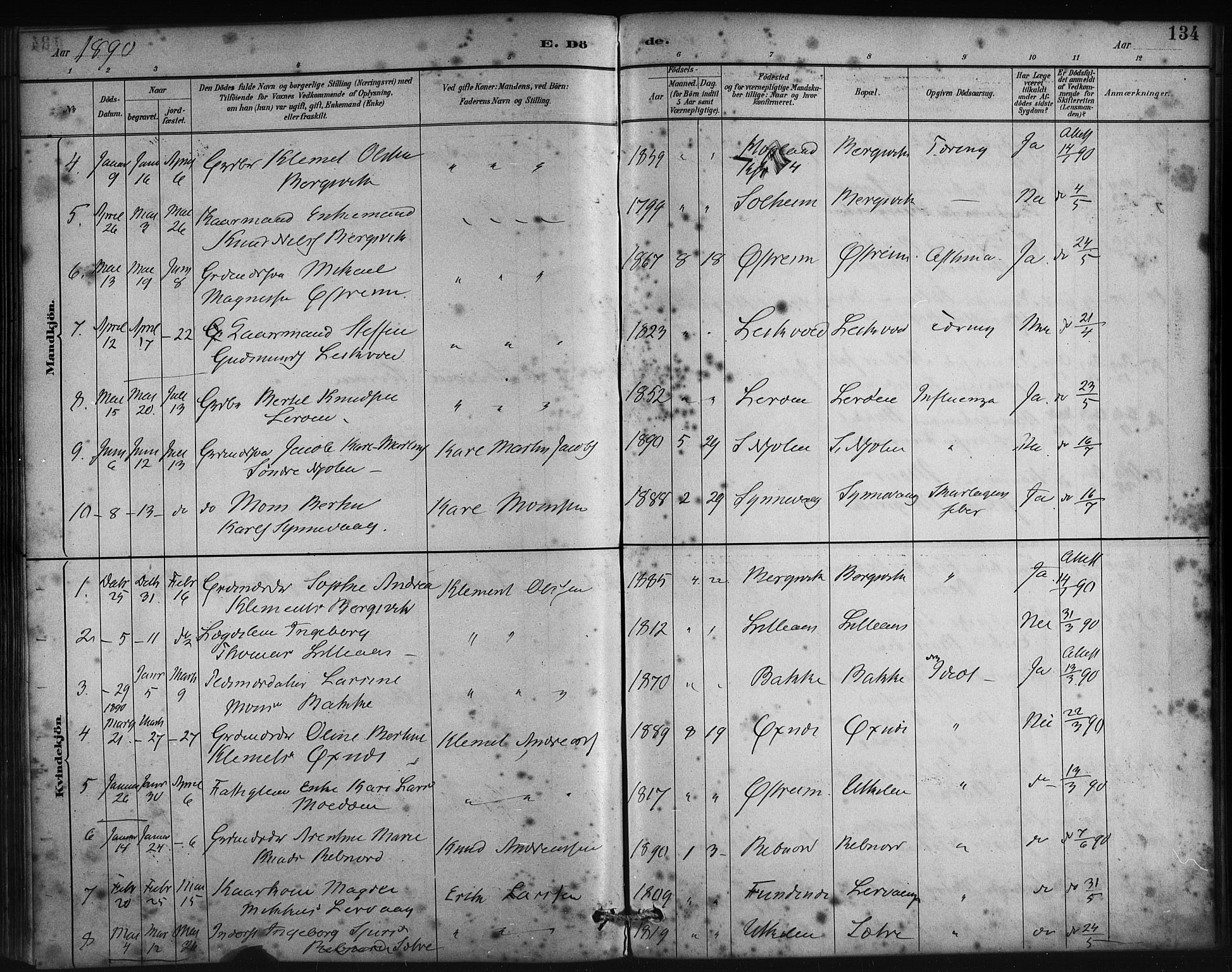 Lindås Sokneprestembete, AV/SAB-A-76701/H/Haa/Haac/L0001: Parish register (official) no. C 1, 1886-1896, p. 134