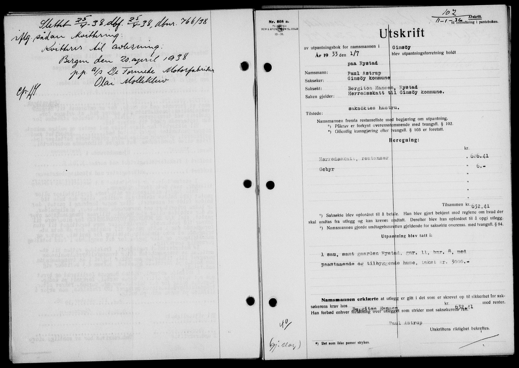Lofoten sorenskriveri, SAT/A-0017/1/2/2C/L0033b: Mortgage book no. 33b, 1936-1936, Diary no: : 102/1936