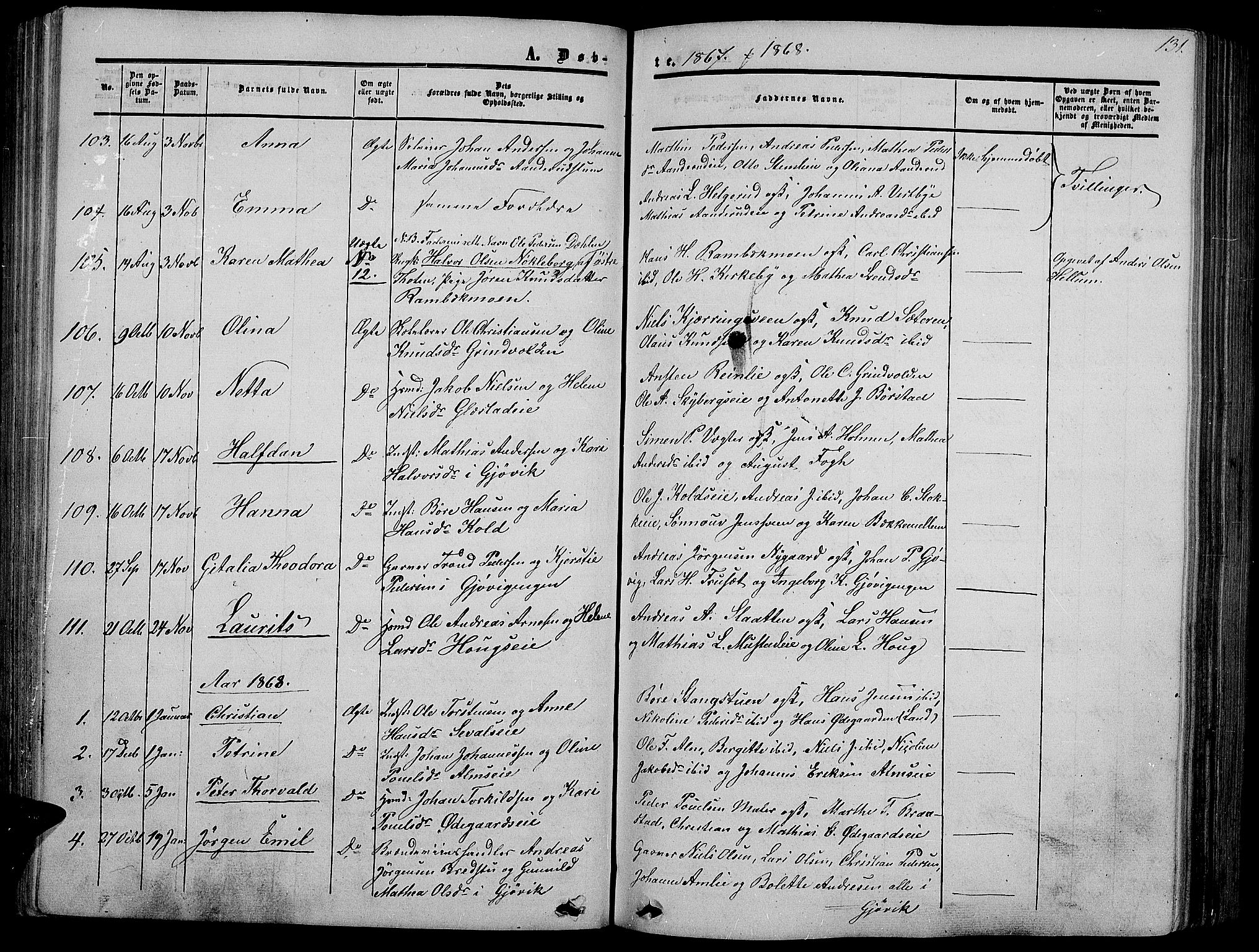 Vardal prestekontor, SAH/PREST-100/H/Ha/Hab/L0005: Parish register (copy) no. 5, 1854-1868, p. 131