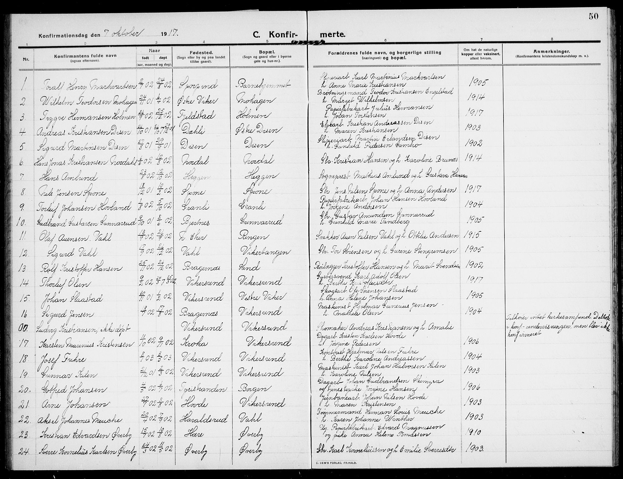 Modum kirkebøker, AV/SAKO-A-234/G/Ga/L0010: Parish register (copy) no. I 10, 1909-1923, p. 50