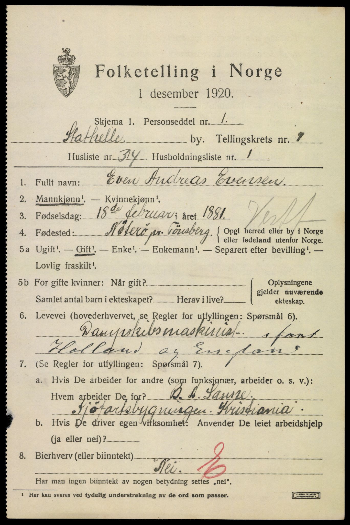 SAKO, 1920 census for Stathelle, 1920, p. 831