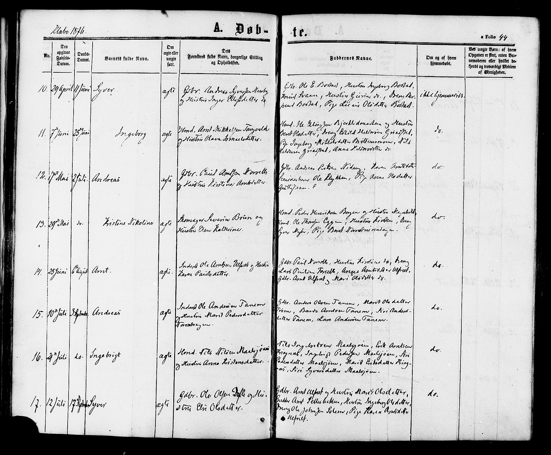 Ministerialprotokoller, klokkerbøker og fødselsregistre - Sør-Trøndelag, SAT/A-1456/618/L0442: Parish register (official) no. 618A06 /1, 1863-1879, p. 44