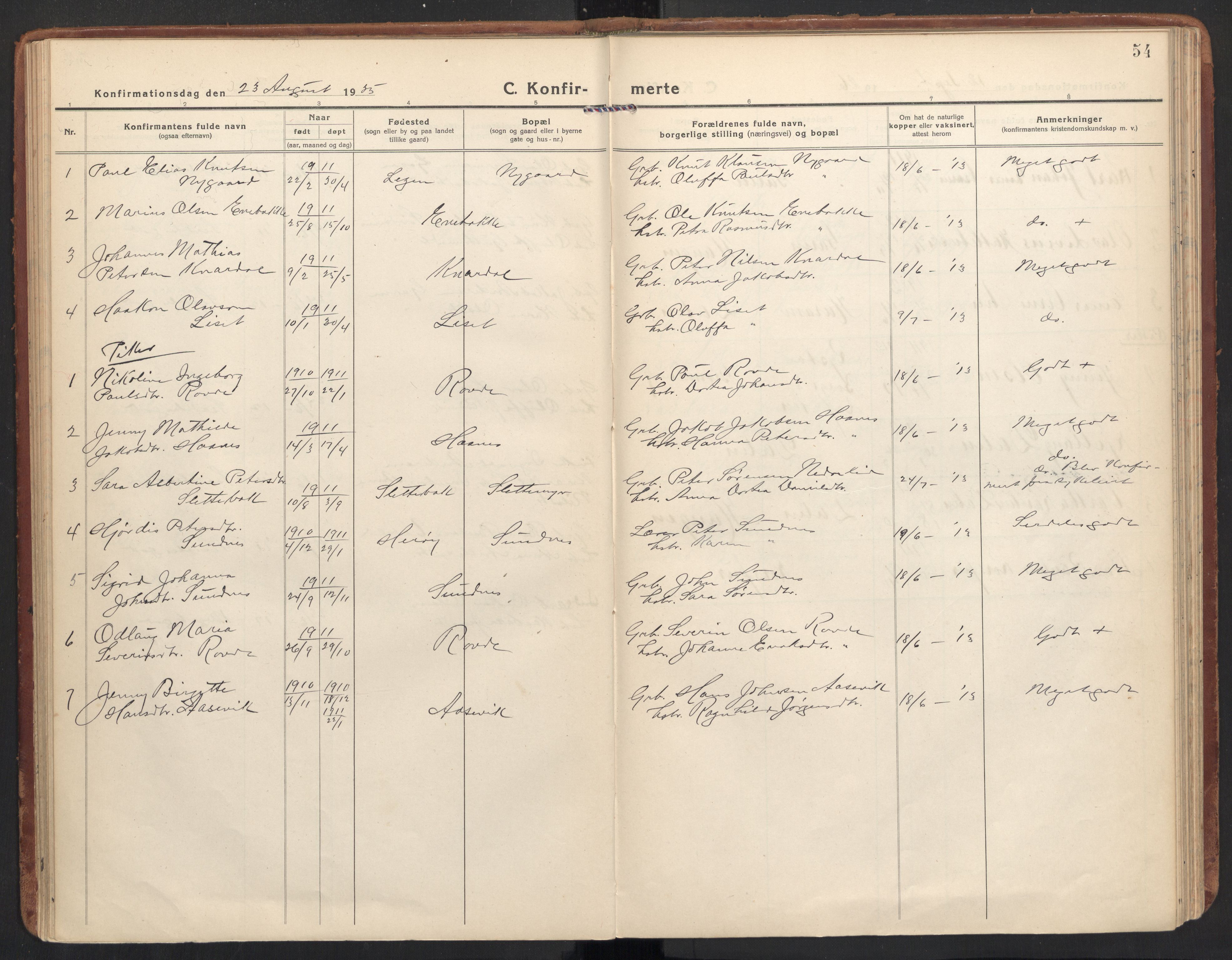 Ministerialprotokoller, klokkerbøker og fødselsregistre - Møre og Romsdal, SAT/A-1454/504/L0058: Parish register (official) no. 504A05, 1920-1940, p. 54
