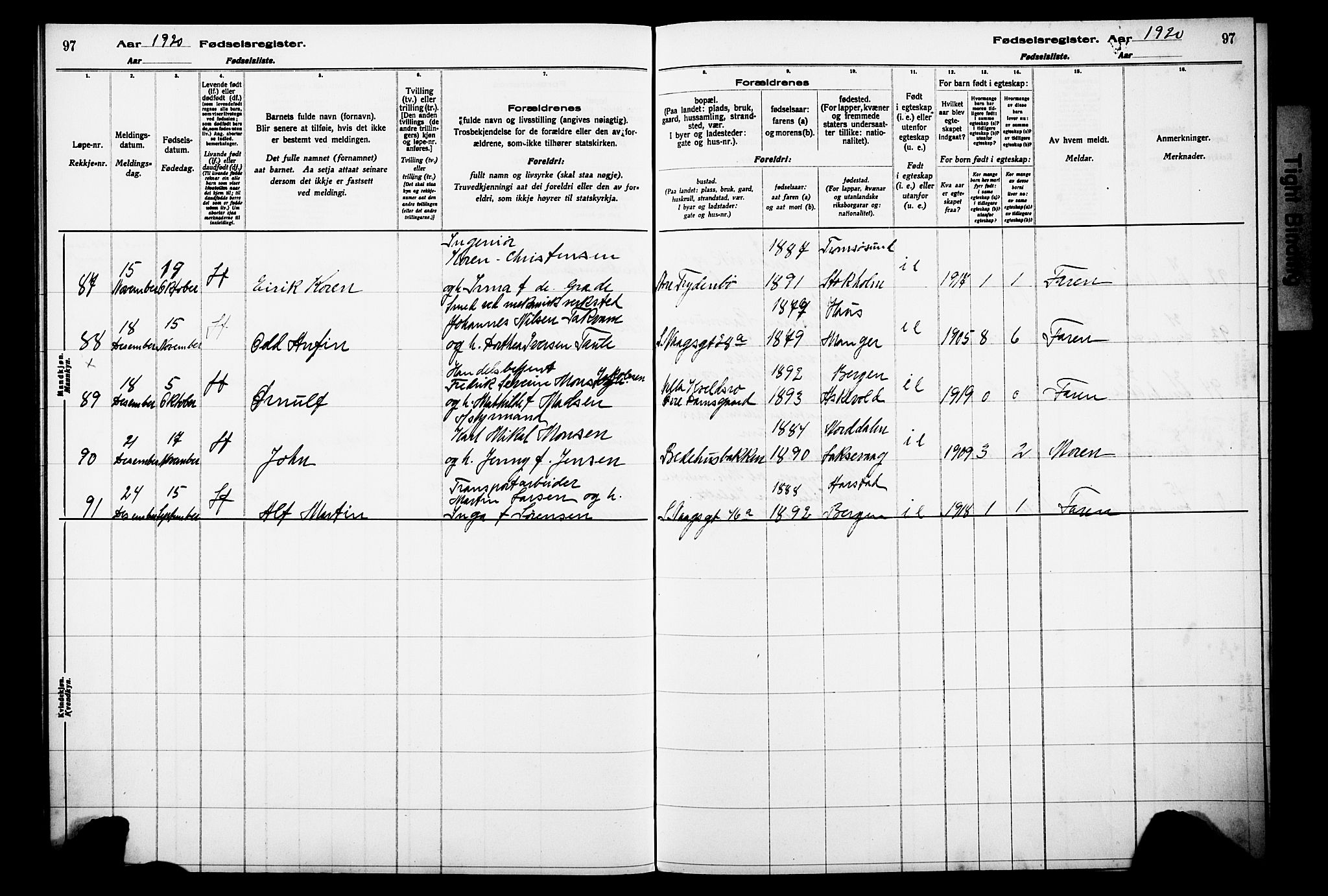 Laksevåg Sokneprestembete, AV/SAB-A-76501/I/Id/L00A1: Birth register no. A 1, 1916-1926, p. 97