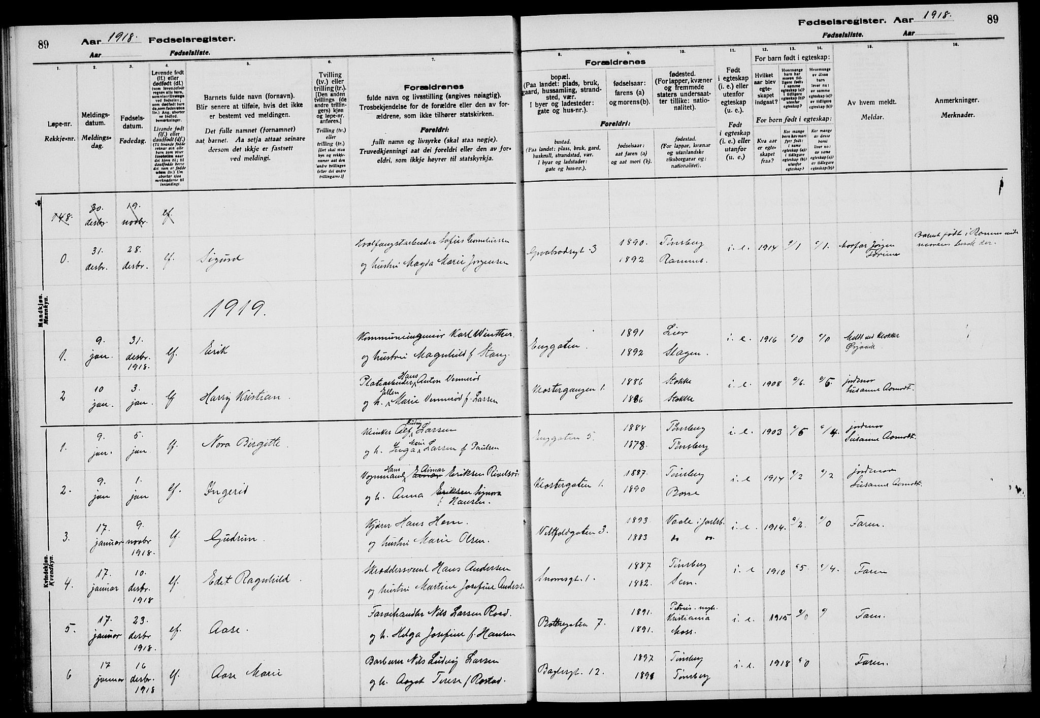 Tønsberg kirkebøker, AV/SAKO-A-330/J/Ja/L0001: Birth register no. 1, 1916-1922, p. 89