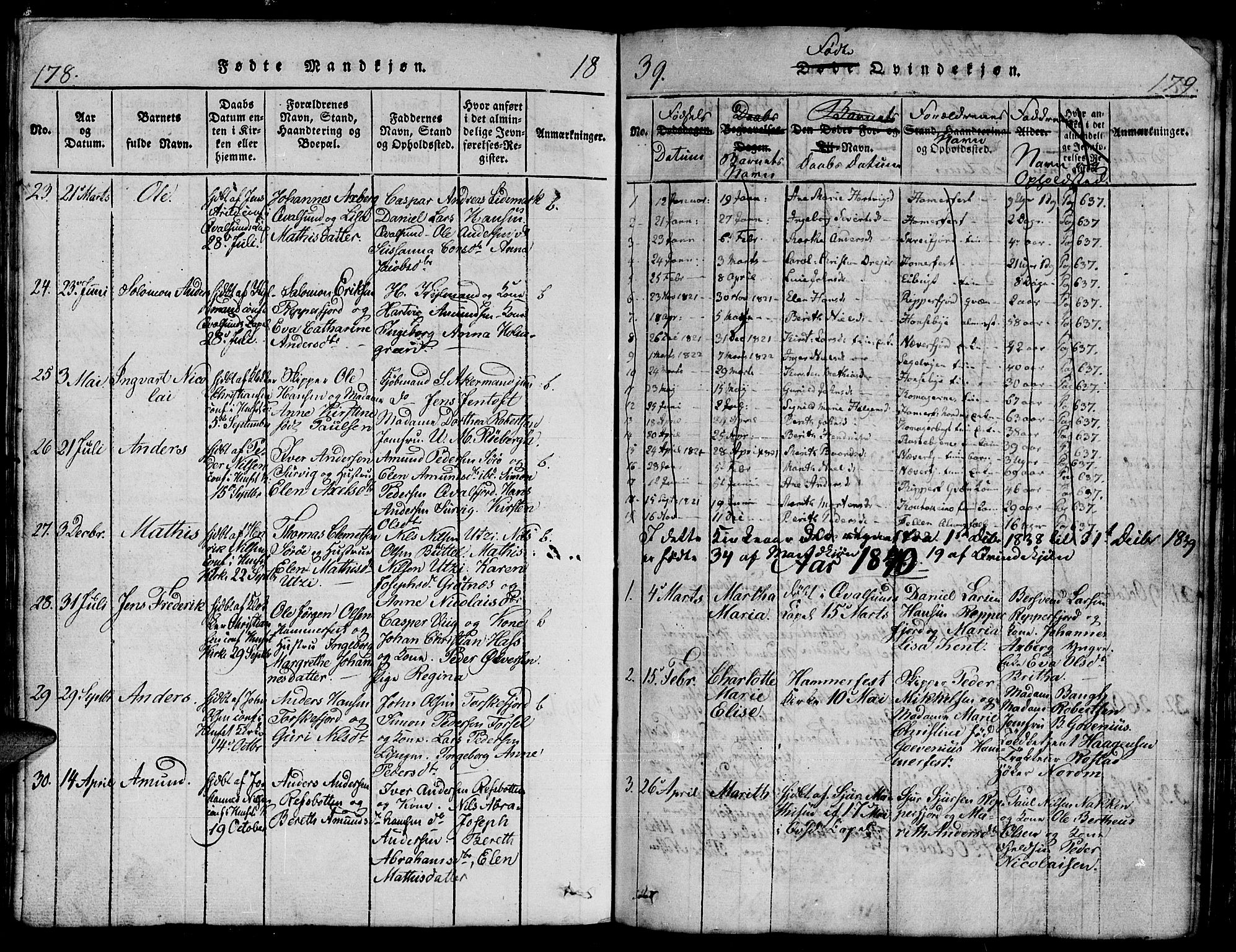 Hammerfest sokneprestkontor, AV/SATØ-S-1347/H/Hb/L0001.klokk: Parish register (copy) no. 1, 1822-1850, p. 178-179