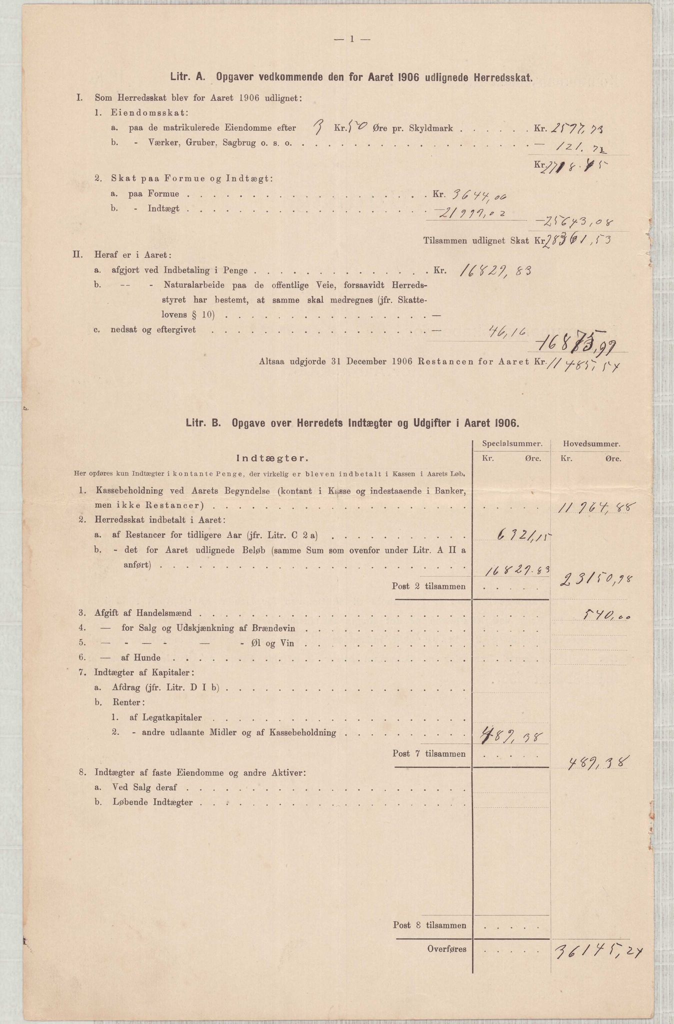 Finnaas kommune. Heradskassen, IKAH/1218a-121/R/Ra/Raa/L0001/0001: Årsrekneskap / Utdrag av kommunerekneskapet, 1904-1910, p. 14