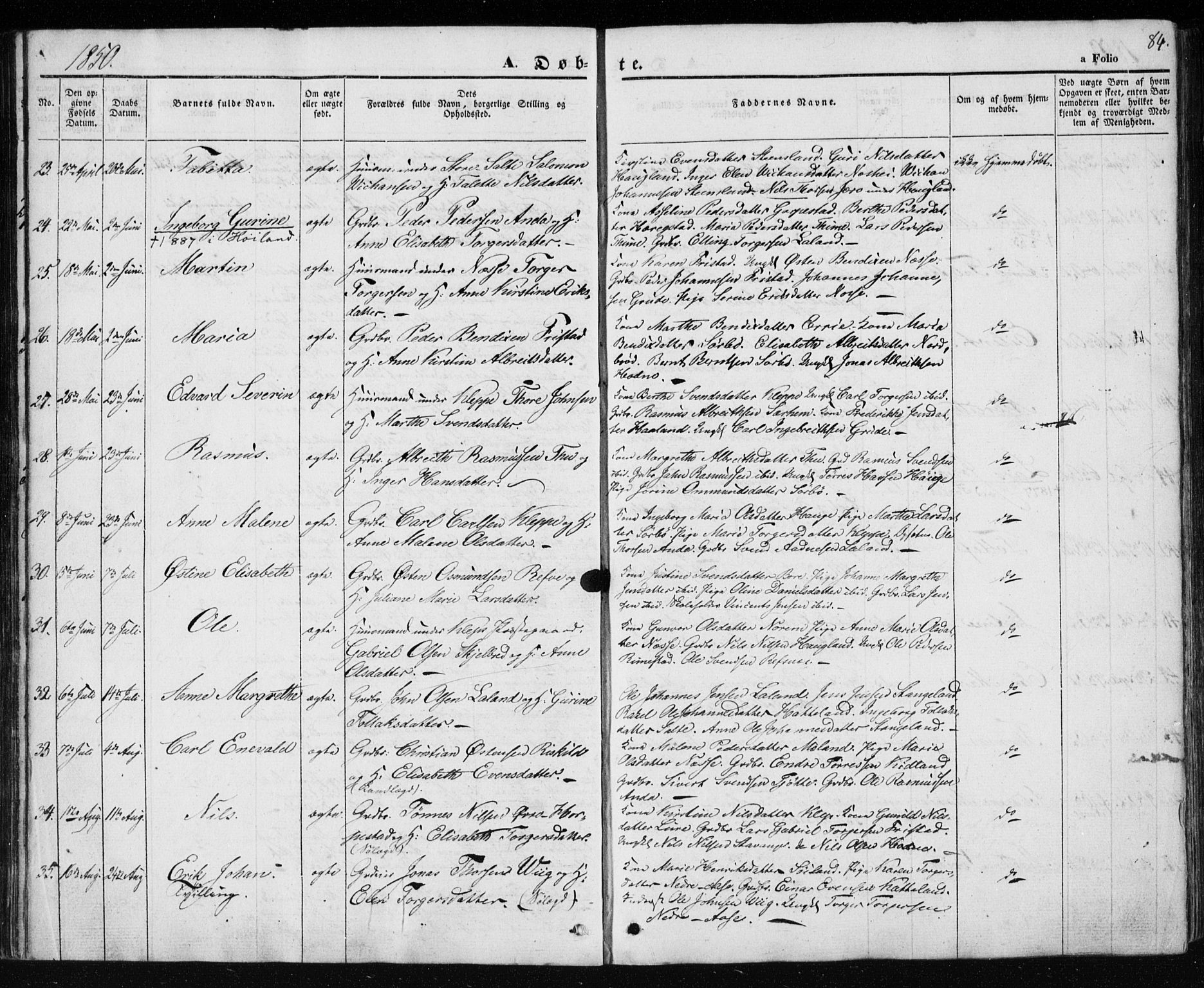 Klepp sokneprestkontor, AV/SAST-A-101803/001/3/30BA/L0004: Parish register (official) no. A 4, 1842-1852, p. 84