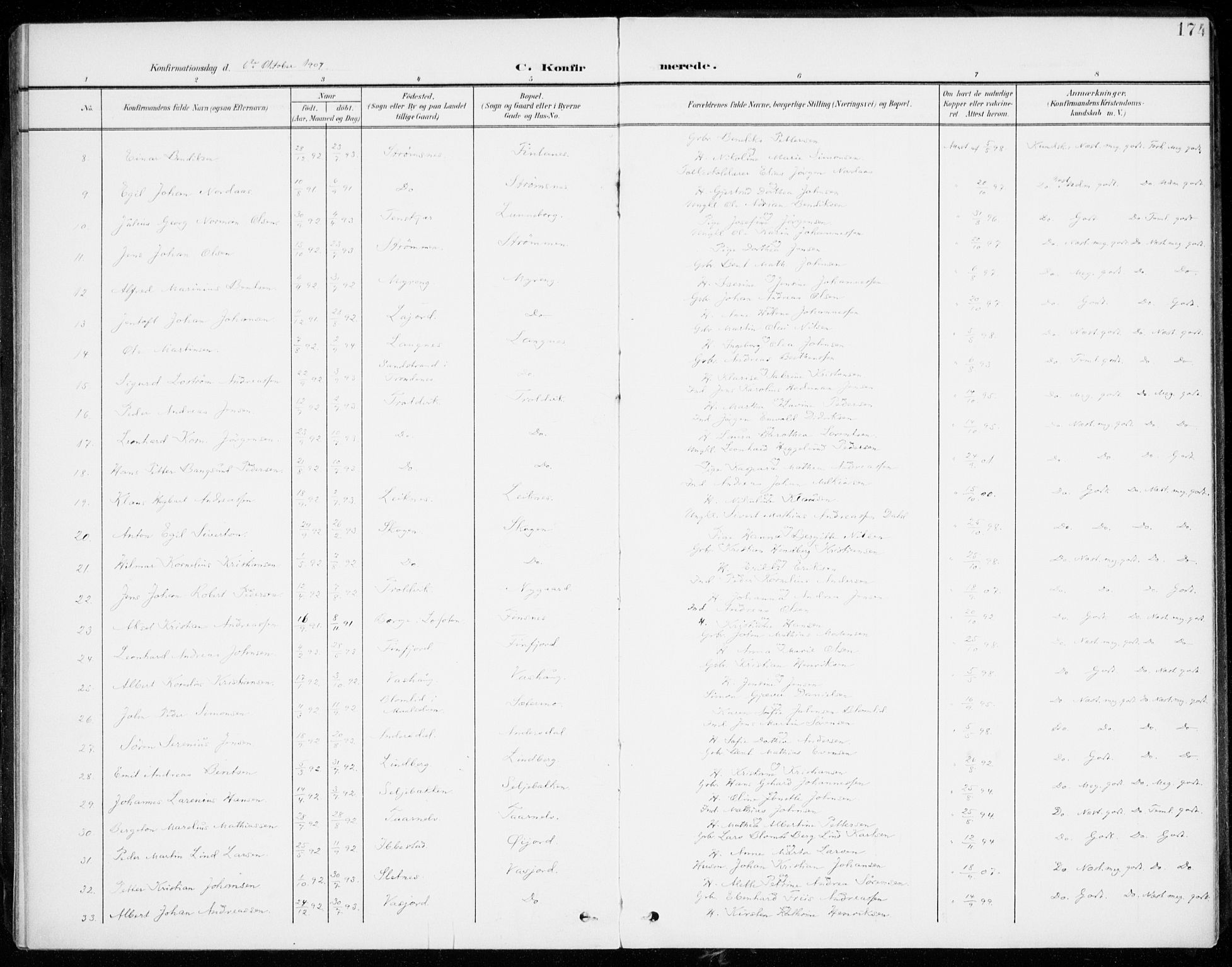 Lenvik sokneprestembete, AV/SATØ-S-1310/H/Ha/Haa/L0014kirke: Parish register (official) no. 14, 1899-1909, p. 174