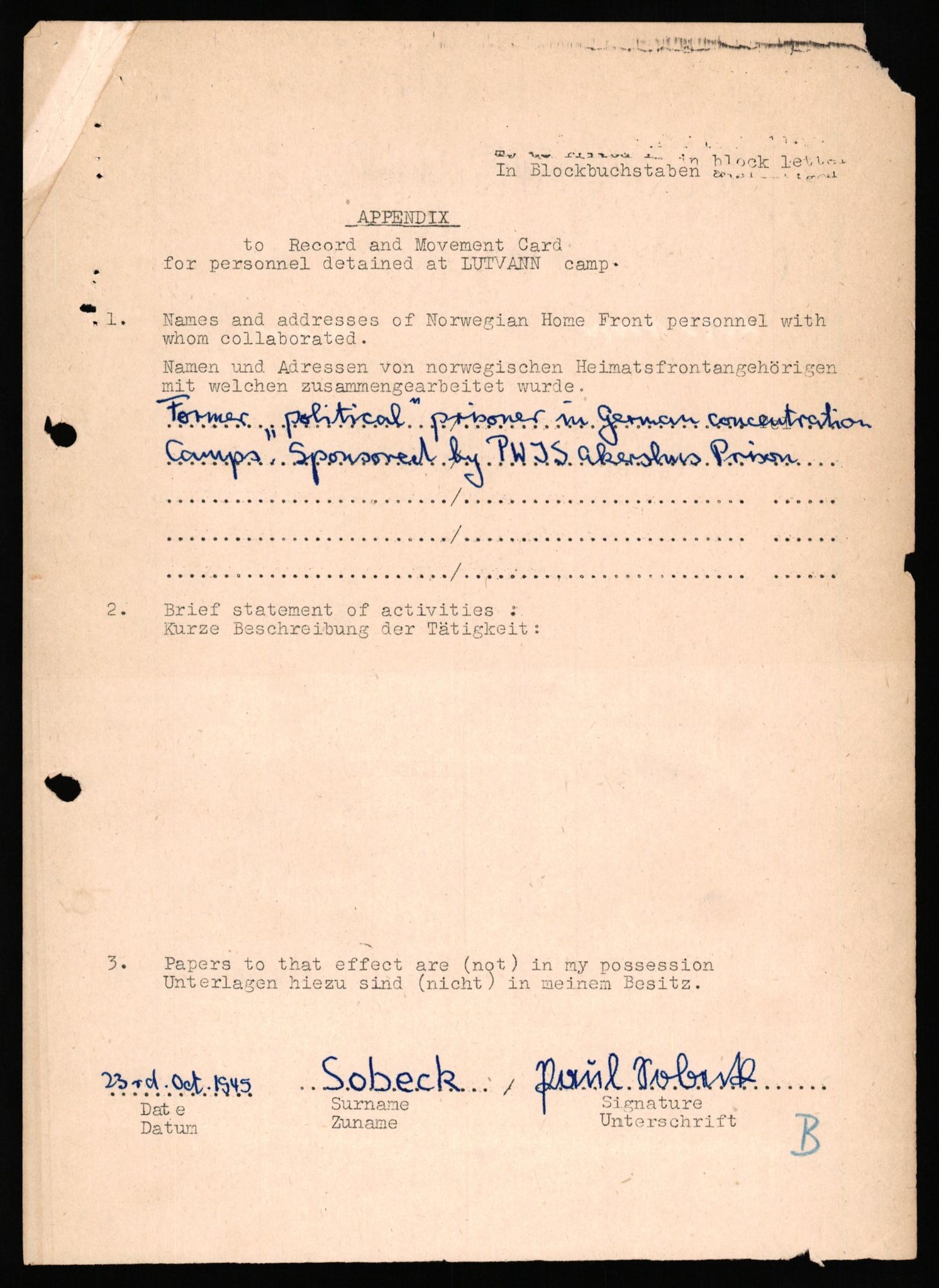 Forsvaret, Forsvarets overkommando II, RA/RAFA-3915/D/Db/L0032: CI Questionaires. Tyske okkupasjonsstyrker i Norge. Tyskere., 1945-1946, p. 157