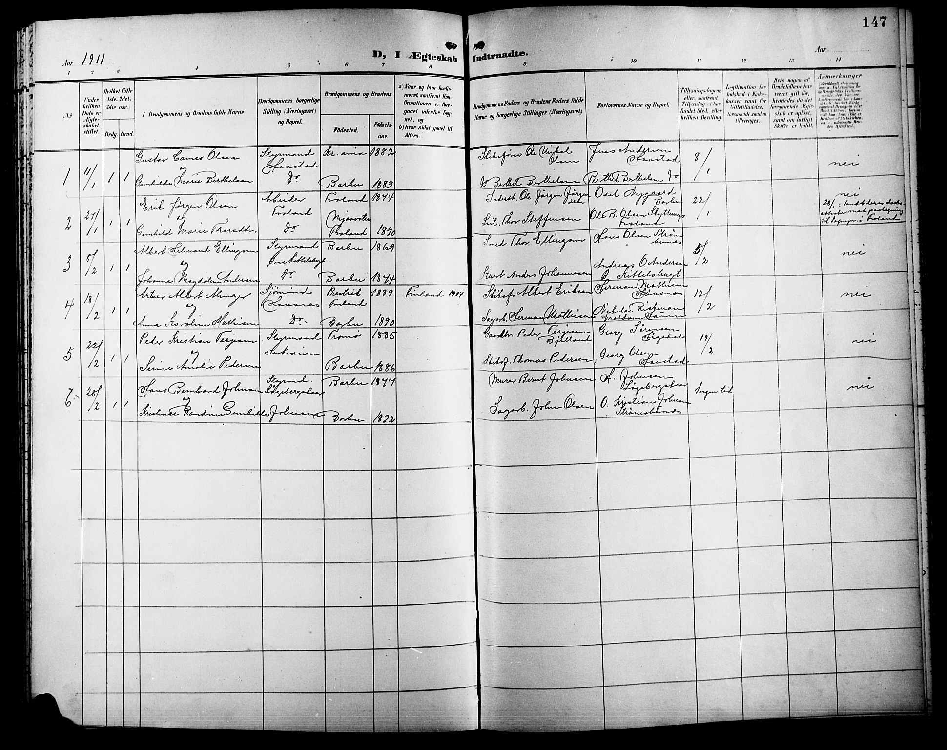 Barbu sokneprestkontor, AV/SAK-1111-0003/F/Fb/L0003: Parish register (copy) no. B 3, 1897-1911, p. 147