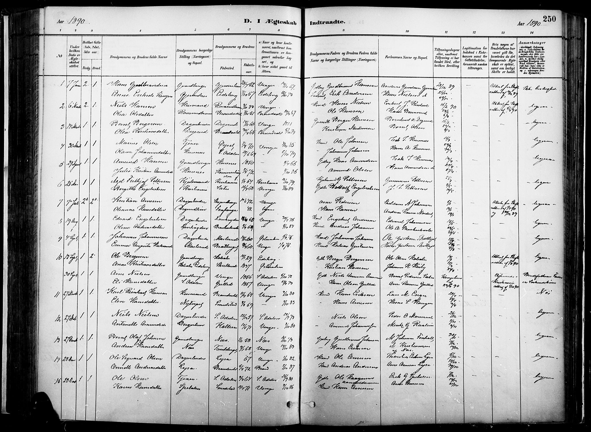 Vinger prestekontor, SAH/PREST-024/H/Ha/Haa/L0014: Parish register (official) no. 14, 1881-1900, p. 250