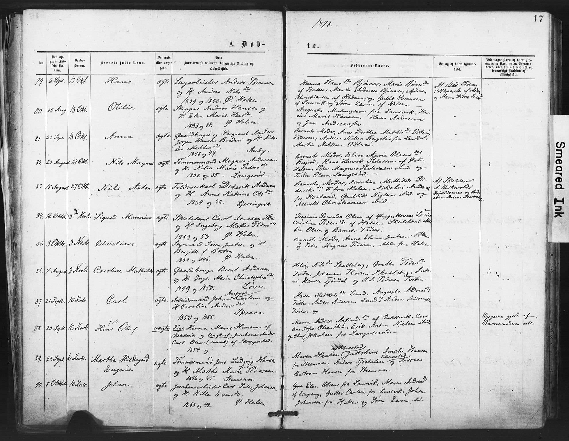 Tjølling kirkebøker, SAKO/A-60/F/Fa/L0008: Parish register (official) no. 8, 1877-1886, p. 17