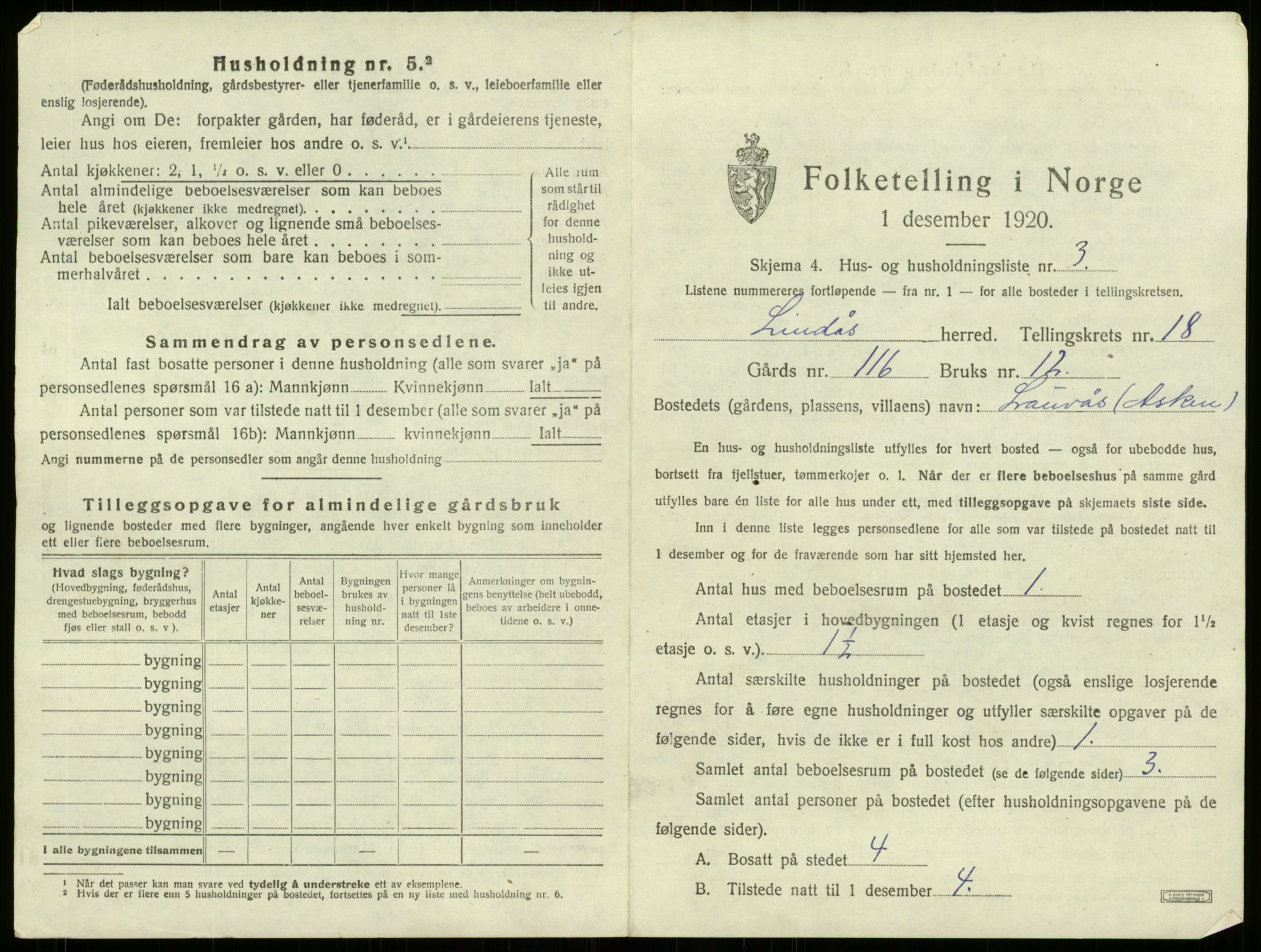 SAB, 1920 census for Lindås, 1920, p. 1280