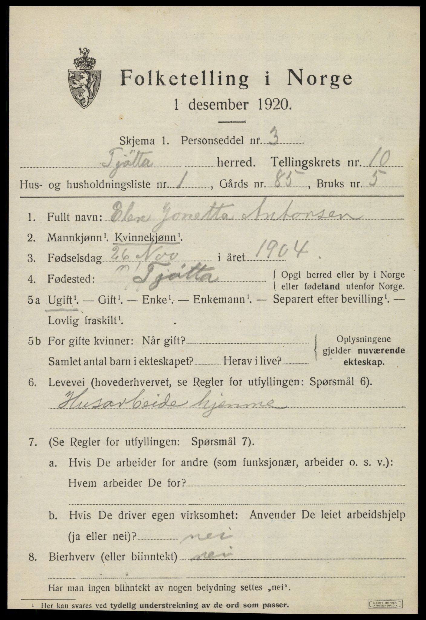 SAT, 1920 census for Tjøtta, 1920, p. 4061