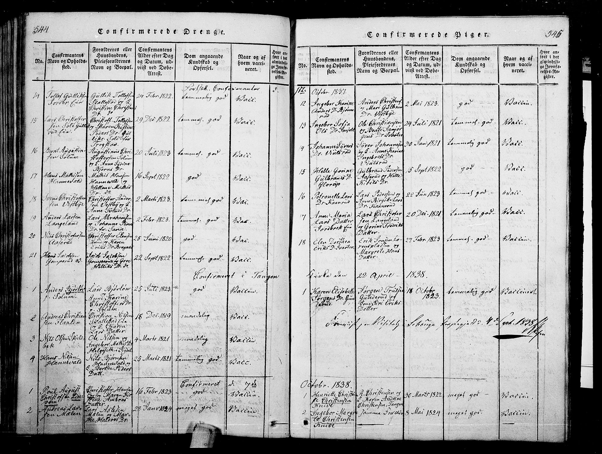 Skoger kirkebøker, AV/SAKO-A-59/G/Ga/L0001: Parish register (copy) no. I 1, 1814-1845, p. 544-545