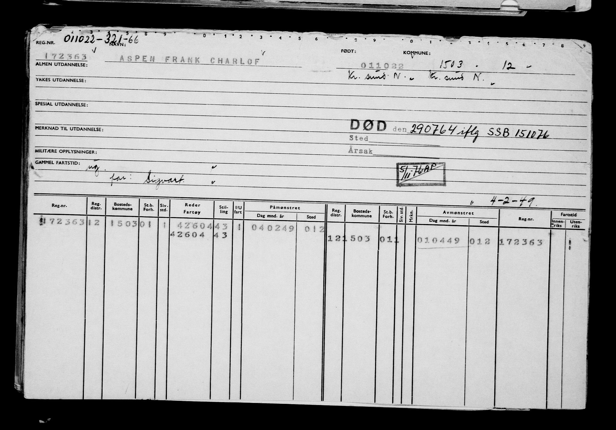 Direktoratet for sjømenn, RA/S-3545/G/Gb/L0211: Hovedkort, 1922, p. 1