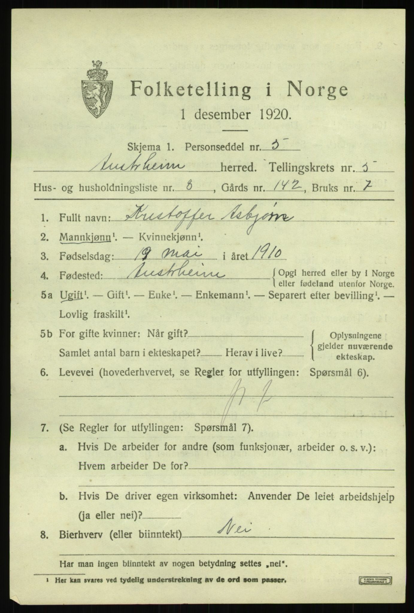 SAB, 1920 census for Austrheim, 1920, p. 2152