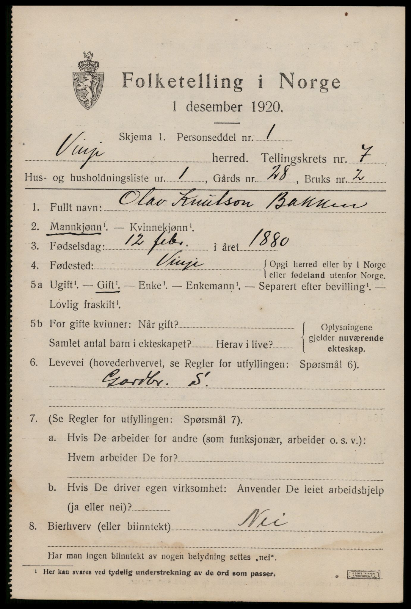 SAKO, 1920 census for Vinje, 1920, p. 1975