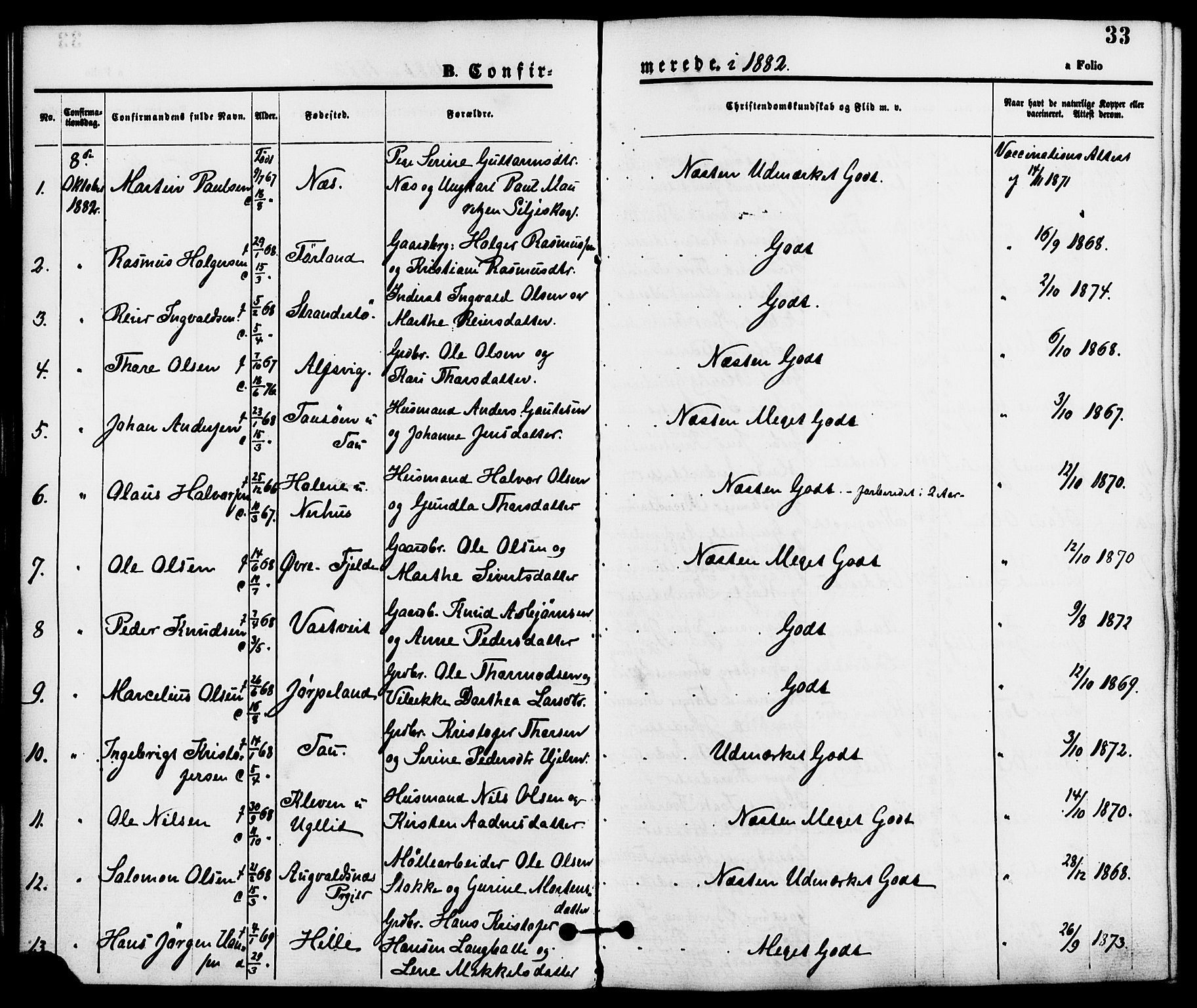 Strand sokneprestkontor, SAST/A-101828/H/Ha/Haa/L0008: Parish register (official) no. A 8, 1874-1907, p. 33