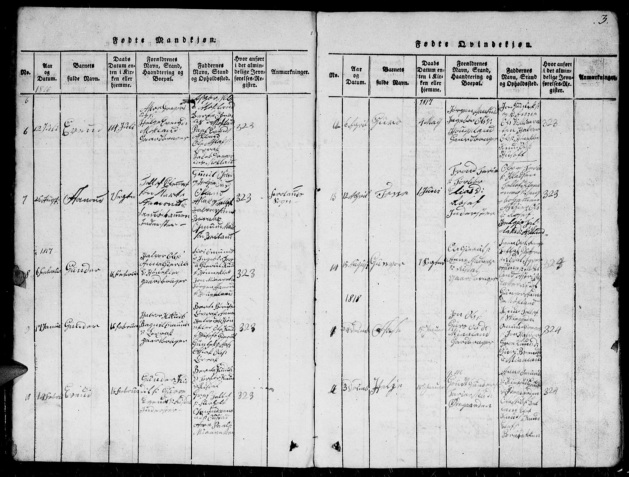 Herefoss sokneprestkontor, SAK/1111-0019/F/Fb/Fbc/L0001: Parish register (copy) no. B 1, 1816-1866, p. 3