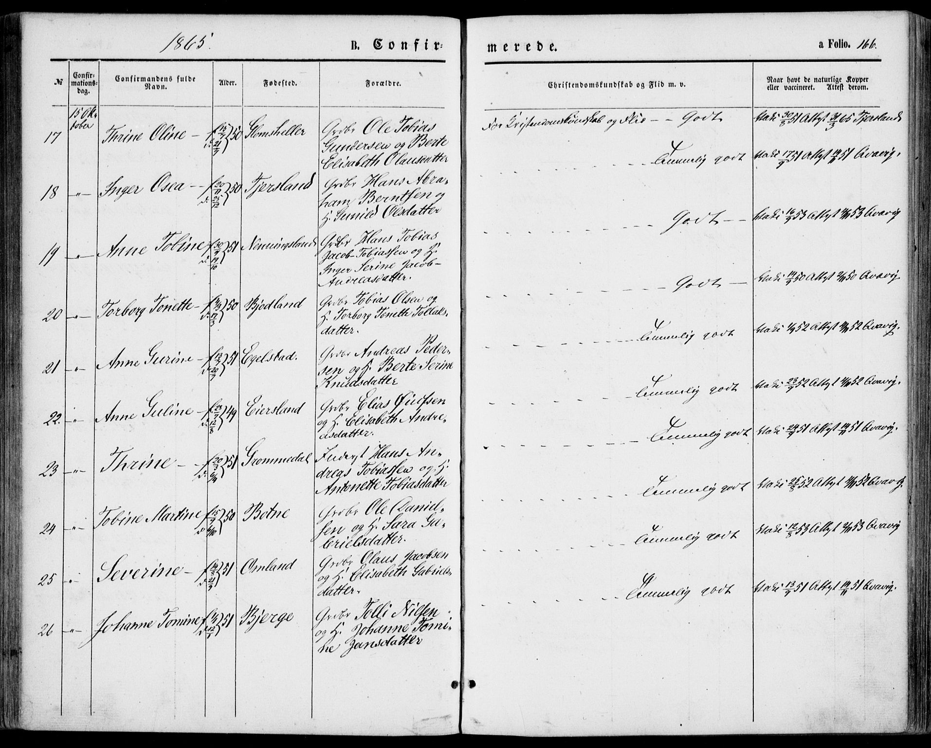 Lyngdal sokneprestkontor, SAK/1111-0029/F/Fa/Fac/L0010: Parish register (official) no. A 10, 1865-1878, p. 166
