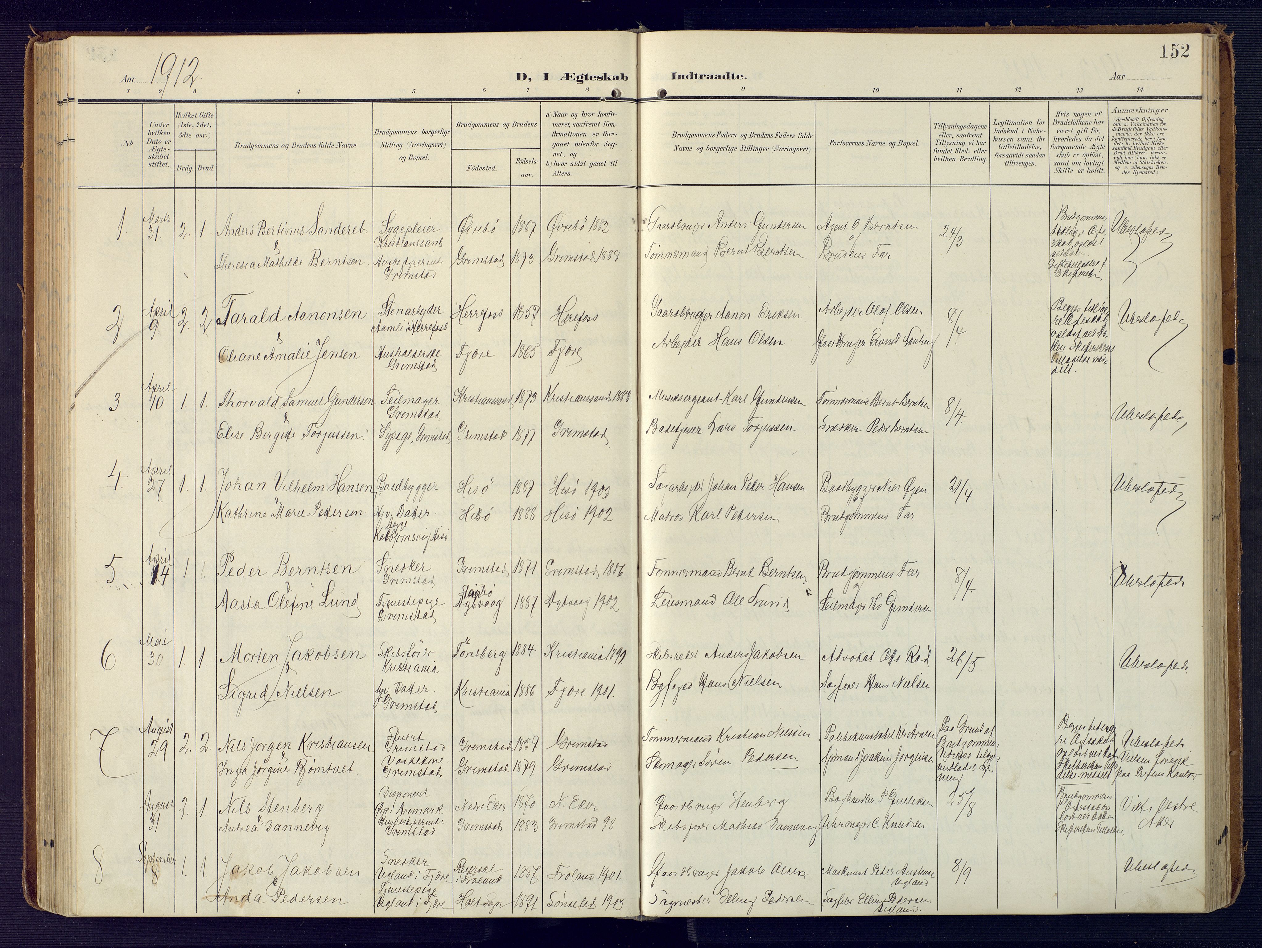 Grimstad sokneprestkontor, SAK/1111-0017/F/Fa/L0005: Parish register (official) no. A 4, 1911-1924, p. 152
