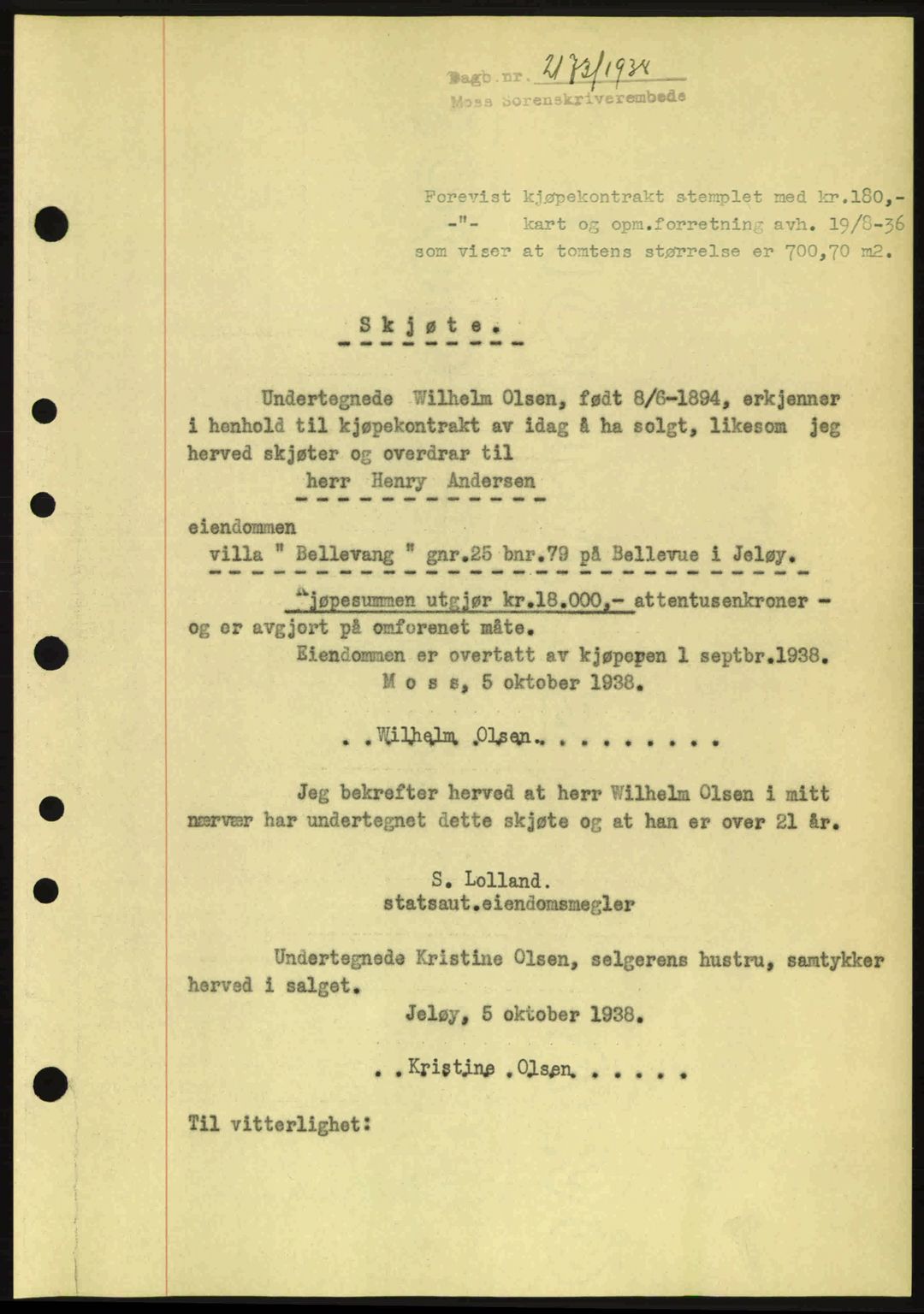 Moss sorenskriveri, SAO/A-10168: Mortgage book no. A5, 1938-1939, Diary no: : 2173/1938