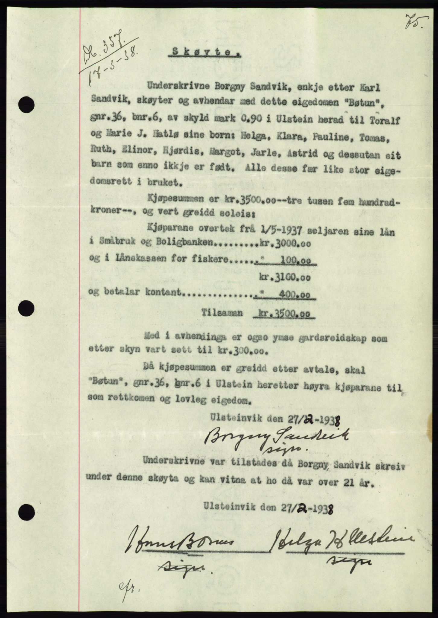 Søre Sunnmøre sorenskriveri, AV/SAT-A-4122/1/2/2C/L0065: Mortgage book no. 59, 1938-1938, Diary no: : 337/1938