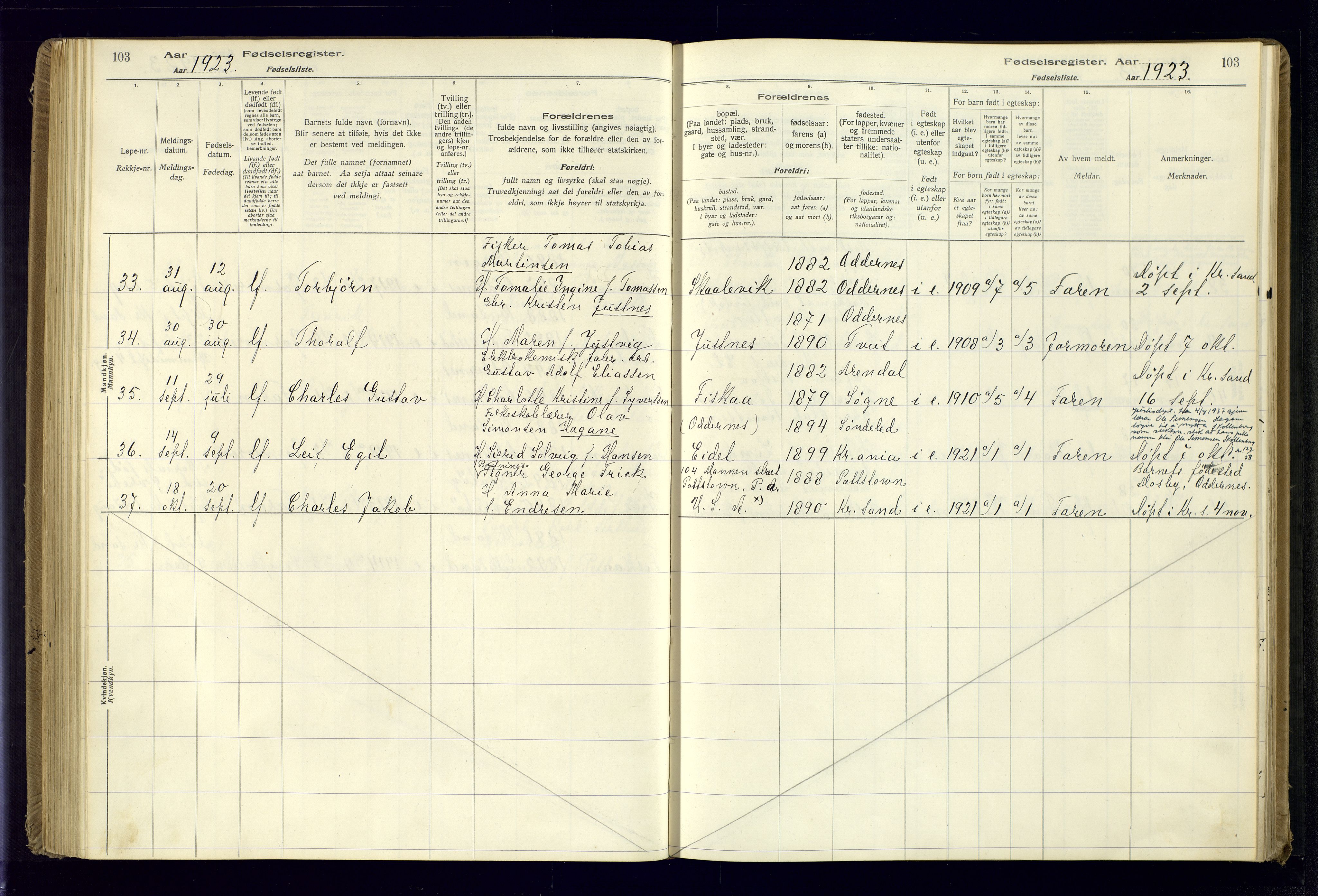 Oddernes sokneprestkontor, AV/SAK-1111-0033/J/Ja/L0001: Birth register no. 1, 1916-1935, p. 103