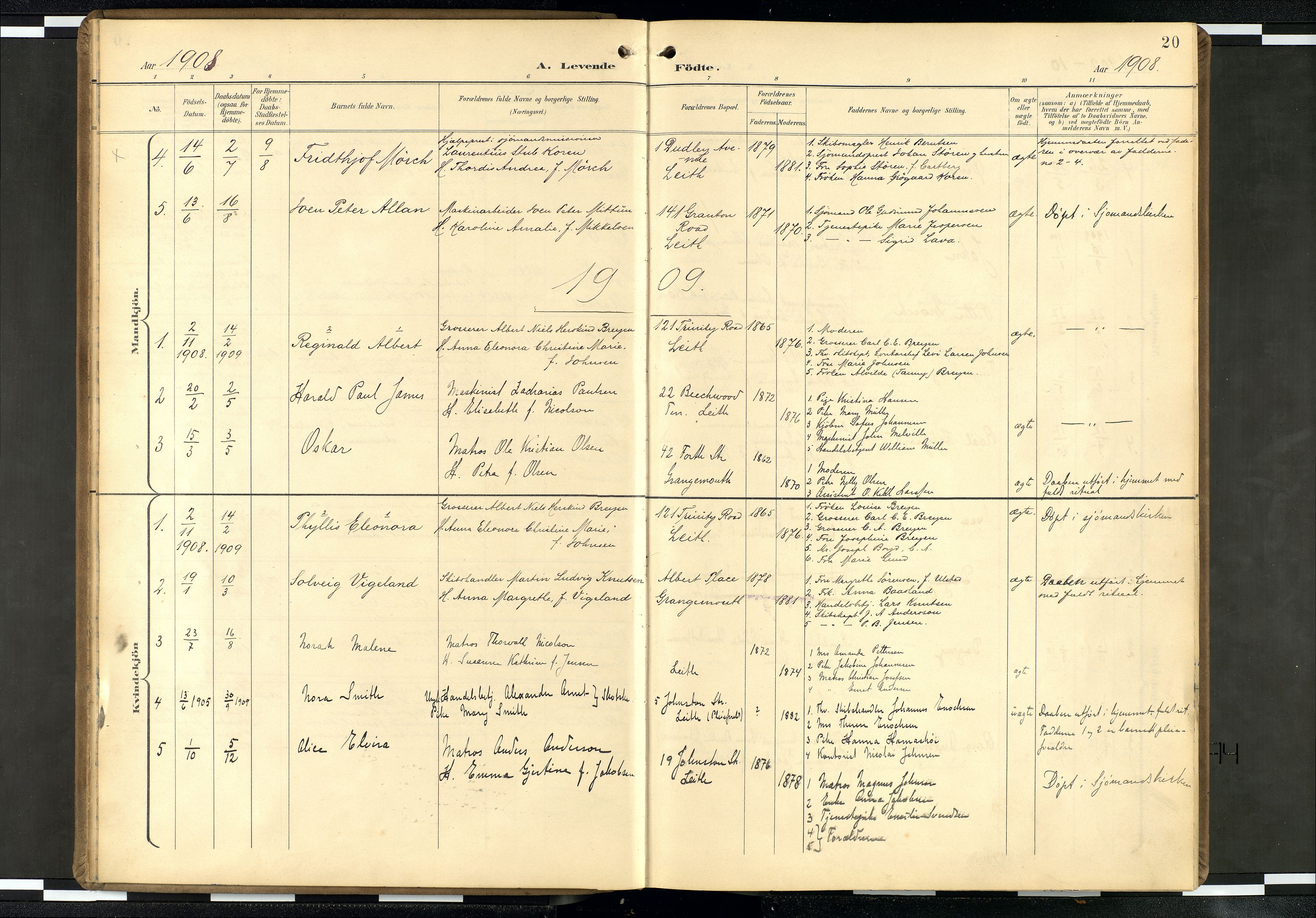 Den norske sjømannsmisjon i utlandet/Skotske havner (Leith, Glasgow), SAB/SAB/PA-0100/H/Ha/Haa/L0004: Parish register (official) no. A 4, 1899-1949, p. 19b-20a