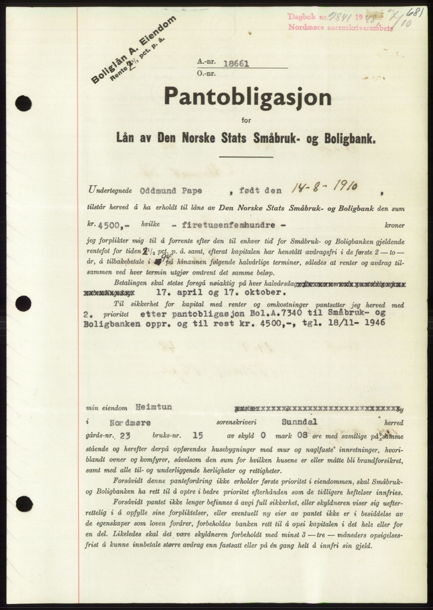 Nordmøre sorenskriveri, AV/SAT-A-4132/1/2/2Ca: Mortgage book no. B99, 1948-1948, Diary no: : 2841/1948